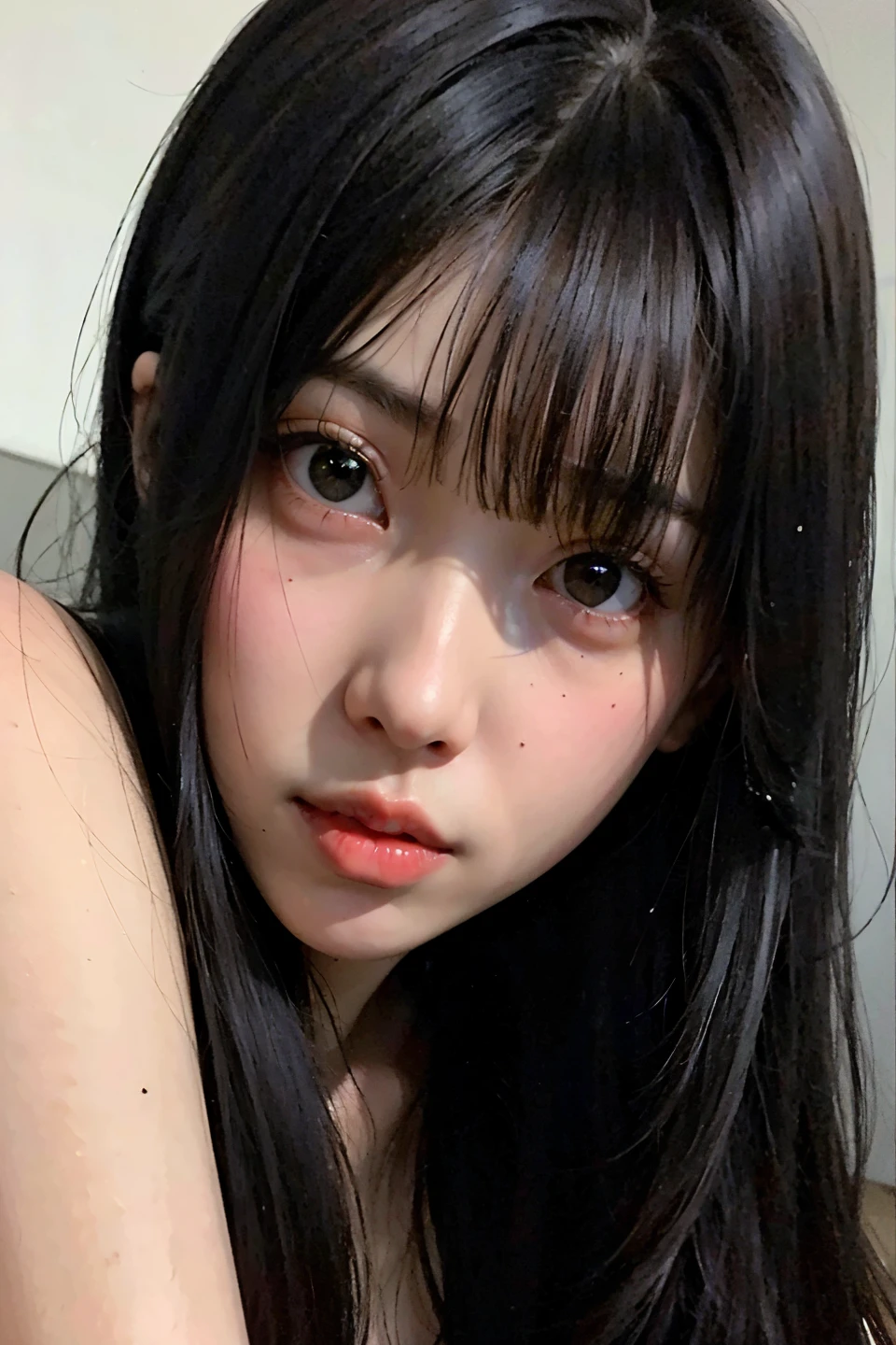 there is a woman with long black hair posing for a picture, she has black hair with bangs, shikamimi, 奈良美智, chiho, sui ishida with black hair, cruel korean goth girl, korean girl, kotegawa yui, ulzzang, black hime cut hair, asian face, 🤤 girl portrait, tomie junji ito