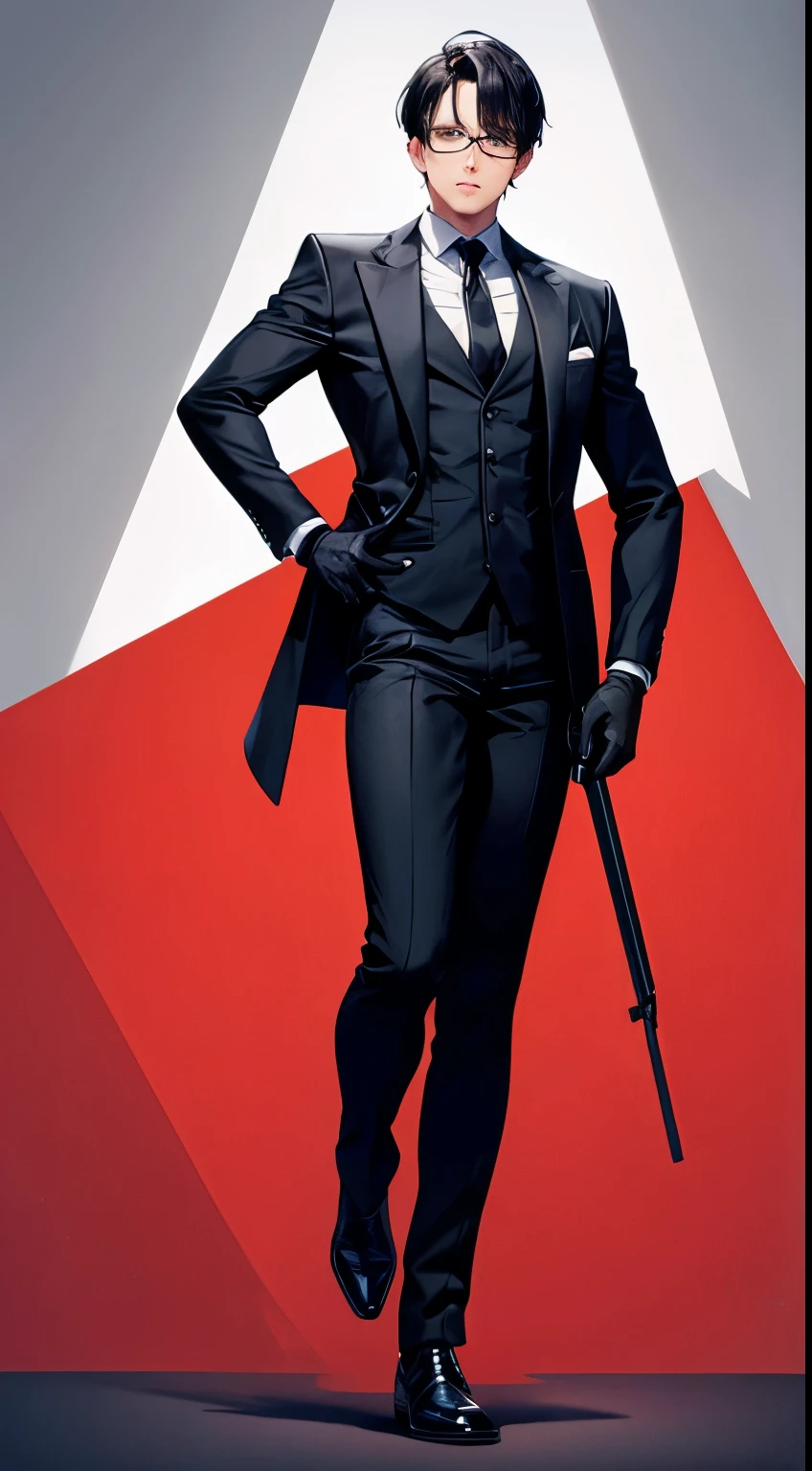 One man, full body, frontal, black suit, wearing gloves, short dark hair, glasses