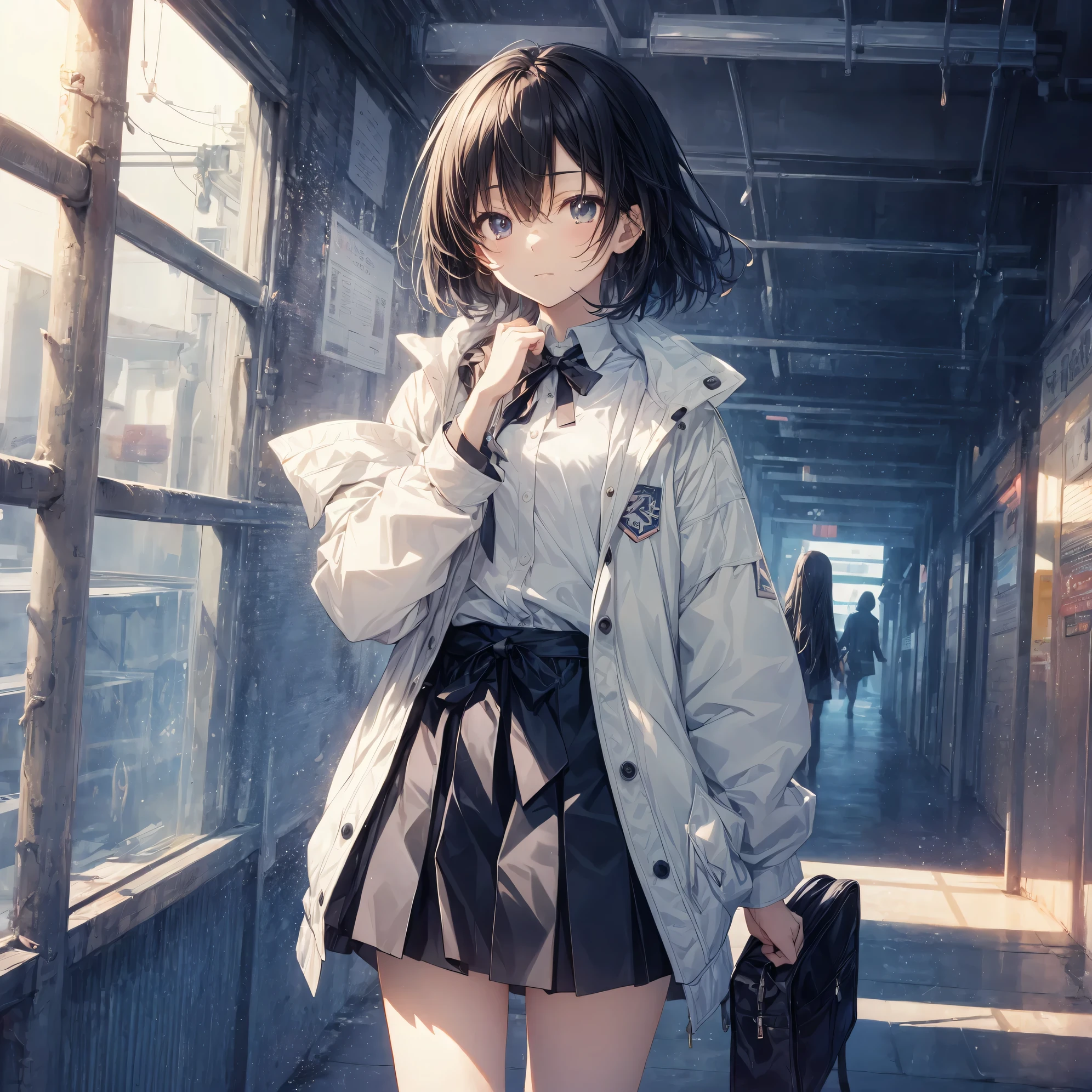 Super high quality by the art god, Ultra-detailed, High resolution, Shinkai Makoto style, anime moe art style, best anime 8K konachan wallpaper, Pixiv Contest Winner, Perfect Anatomy, BREAK,(Please draw a sleepy girl going to school alone.. ),BREAK, a hyperrealistic schoolgirl, (Solo,Lori,,13yea:1.3),Full limbs, complete fingers,a junior gynous attraction, (Very short hair), hair messy, flat chest, Small butt, groin, Small eyes,Beautiful detailed black eyes, Well-proportioned iris and pupils, disgusted eye, High resolution detailed hair, School uniform, Skirt, On the way to school. BREAK,Ultra-detailed細なスキン, Best lighting by famous artists, 8K, Illustration,