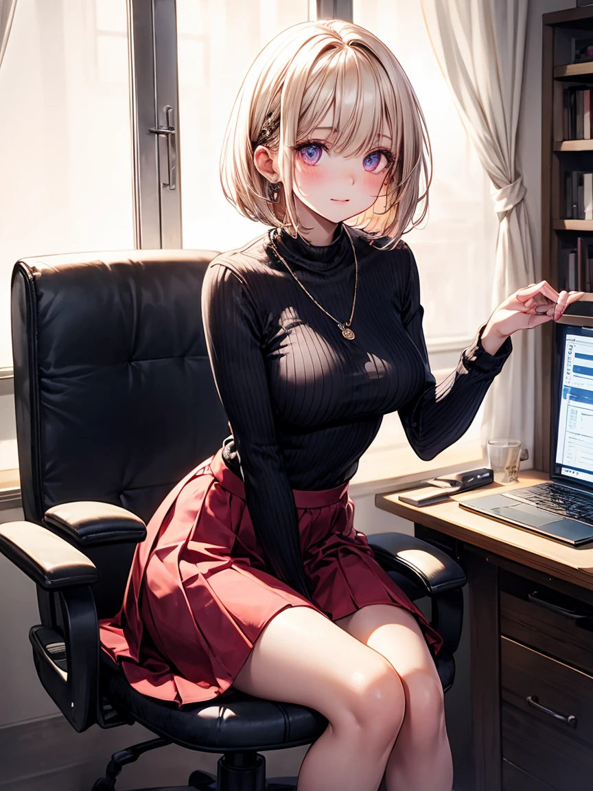 masterpiece, absurdres, best quality, ultra detailed, high Resolution, detailed illustration, extremely beautiful detailed face and eyes, bright colour, 1girl, (li), cute face, Delicate beautiful face, magenta eyes, cute eyes, sparkling eyes, big eyes, medium breasts, (perky breasts:1.1), (pointy breasts:1.1), medium hips, glamorous body, white skin, surprise, BREAK, long bob cut, (blonde hair:0.8), messy hair, detailed hair, shiny hair, BREAK sweater, long skirt, tiny ribbon, working, computer, sitting chair, office, real world, natural lights, perfect lighting,