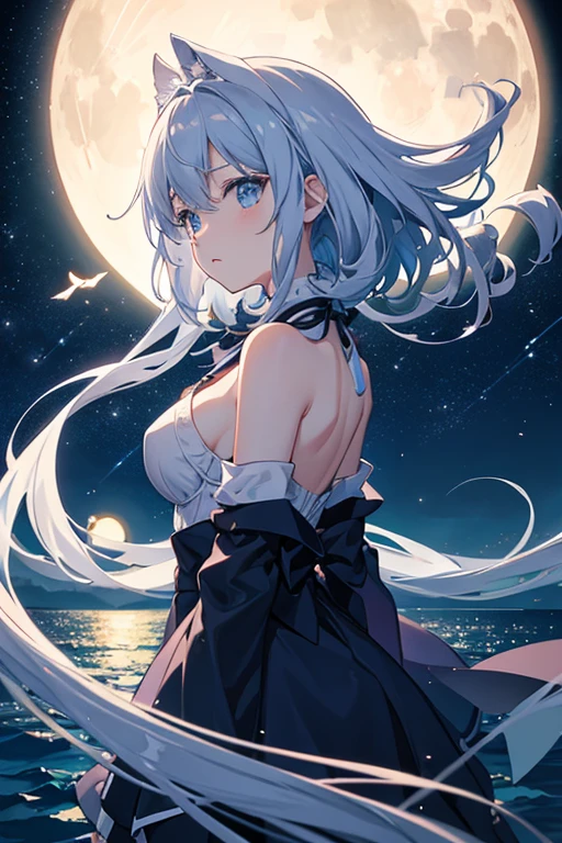 (Best Quality: 1.5), (Ultra Detail: 1.5), (Best Quality Photo: 1.5), ocean as far as the eye can see, horizon, pitch black sea, full moon night, rainbow, midnight, scenic, beautiful landscape, galaxy, nebula, full of stars, particles of light, very delicate and beautiful, very detailed, bioluminescence, cinematic light, mysterious, cinematic angle, 8k resolution, elegant, perfect, smooth, beautiful girl staring into the distance, very cute, smile, (delicate and beautiful eyes: 1.2), (girl: 1.5),lace,ribbon,strapless,luxurious accessories, solo, perfect body, water droplets, transparency,