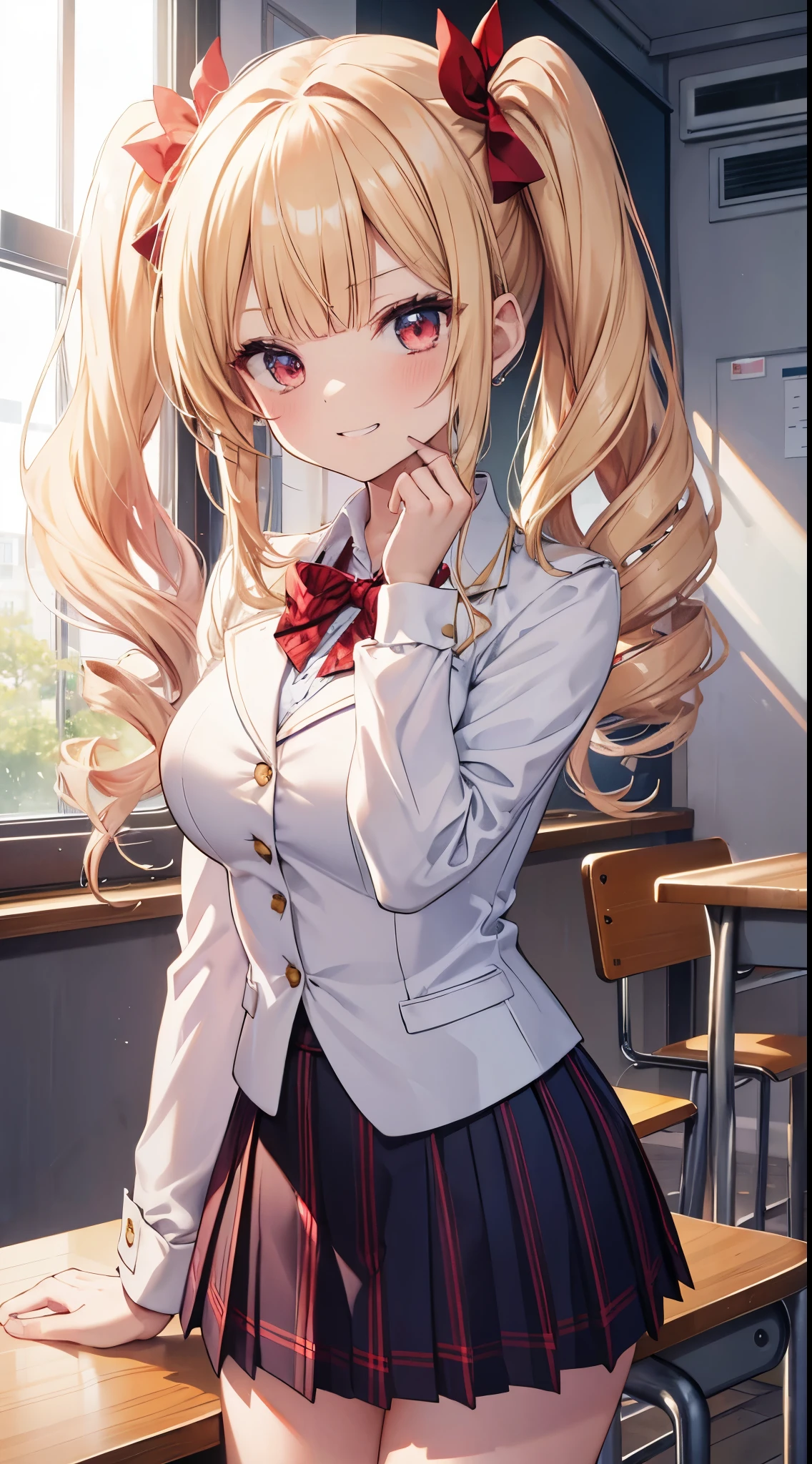 (8K、Top image quality、top-quality、​masterpiece)、A detailed face、1 girl in、a blond、twintails、(Hairstyle like a drill)、blunt bangs、red eyes、Proud expression、smirk grin、large full breasts、white  shirt、Dark blue blazer、Red Mini Pleated Skirt、plaid、white over high socks、cowboy  shot、Put your hand to your mouth、Taken from below、Classroom Background