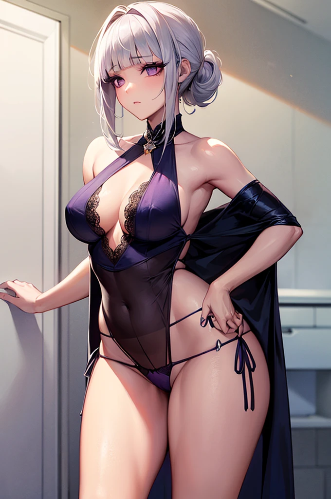 masterpiece, best quality, ultra-detailed, an extremely delicate and beautiful, high resolution, 8k, (1 girl), expressive eyes, perfect face, (droopy eyes:1.2), (small eyes), (eyeshadow:1.2), (eyelashes:1.2), (purple eyes:1.2), (blunt bangs), (white hair), (chignon:1.2), straight hair, (pelvic curtain:1.2), (side-tie panties:1.2), large breasts:, (curvy), shiny skin,