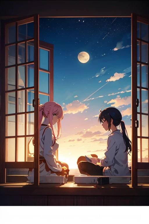 Animation scene of two people sitting on the windowsill looking at the moon, beautiful anime scenes, anime scene, Today’s recommended anime is still, Anime beautiful peaceful scene, screenshot from the anime film, daytime ethereal anime, Screenshot of the 2012 animation, Opening scene, TV animation stills, anime movie screenshot, atmospheric anime, Still from anime, in the anime film