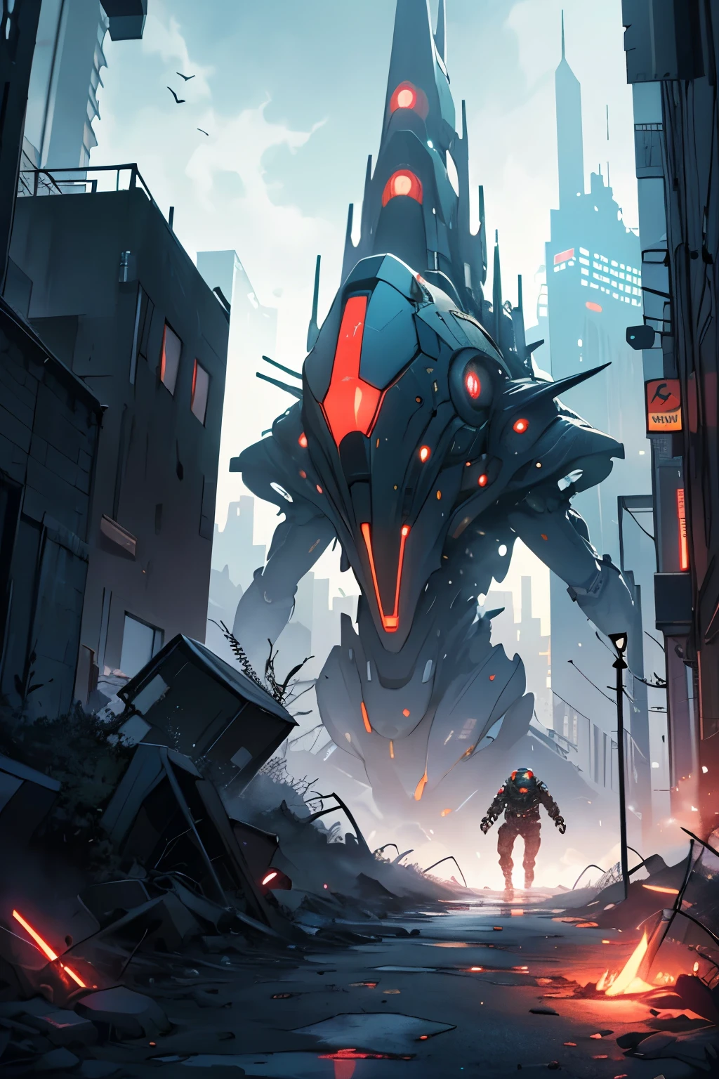 "spine-chilling、Intense alien invasion scene，The atmosphere is dark, dramatic lights, and drastic action. Demonstrate powerful alien creatures, advanced technique, Ruined cityscape, Panicked civilians, and a sense of imminent danger.. Generate disturbing and immersive images，Capture the chaos and horror of the otherworldly invasion. A group of humans in futuristic suits are fighting with laser guns, Bloody war, The scenario is extremely complex, Impressive intricate details, Textures displayed are extremely smooth. bright, sharp light"