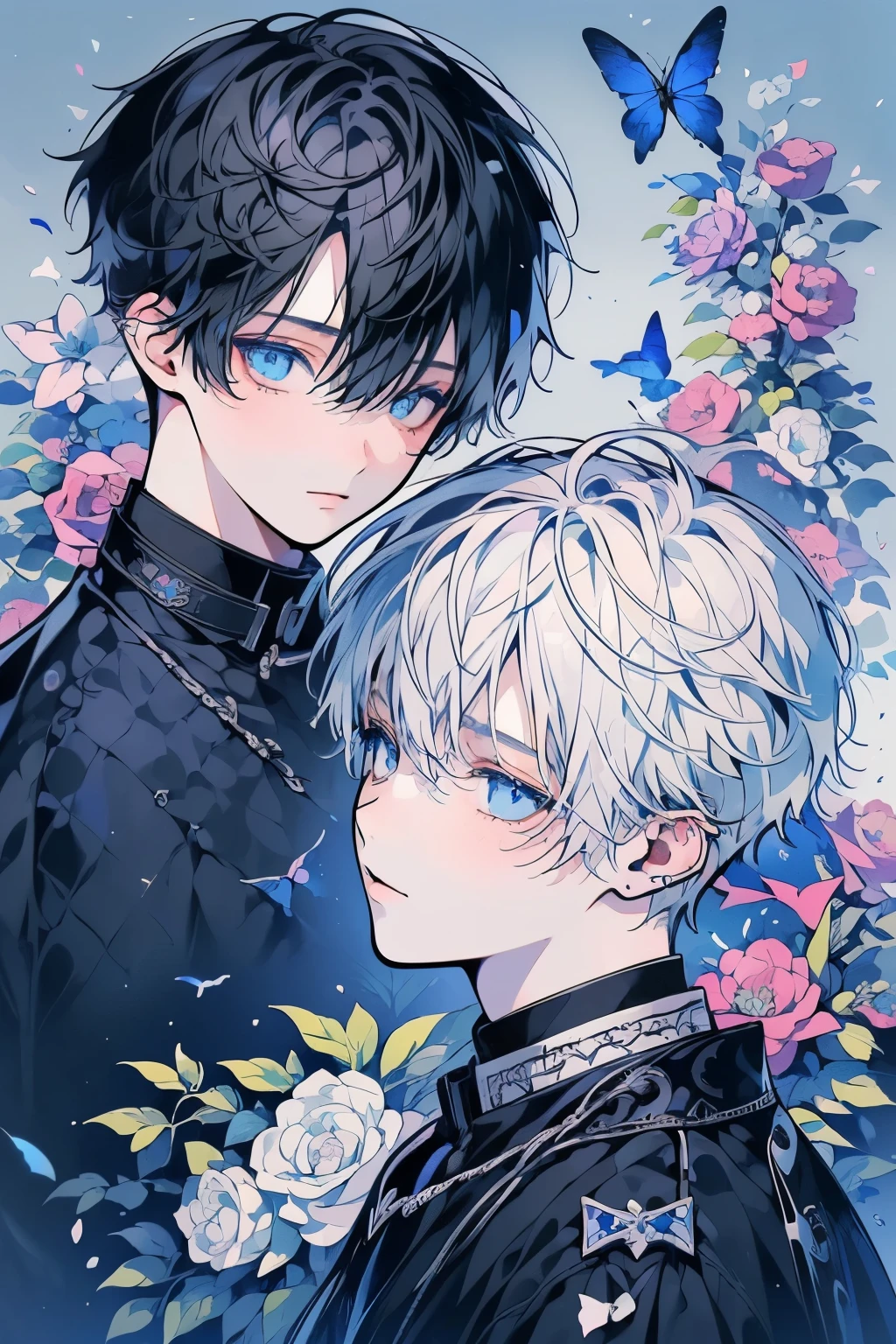 (masutepiece), (Best Quality), Highly detailed, (Two Boys:1.4), focus,Perfect face, Beautiful face, extra detailed face,(blue eyess:1.3),florals,butterflys々,floralsびら,optic,(laught:1.3),(Black-haired boy:1.4),(White-haired boy:1.4)