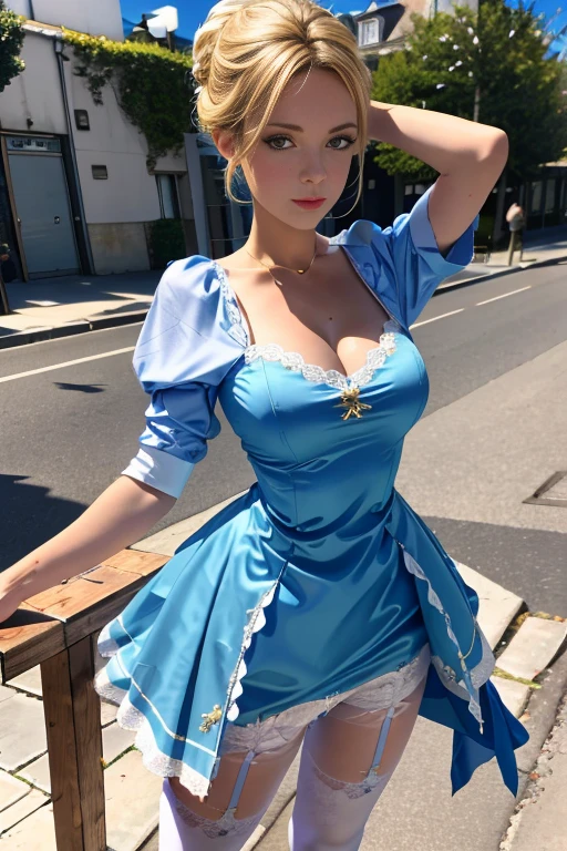 (8k, Photo brute, meilleur qualité, maîtrise:1.2), (Réaliste, photo-réaliste:1.2), (Ultra-haute résolution), (ultra détaillé), absurderes, 1fille, longs cheveux blonds,Pupille bleue,joli visage, œil symétrique 5, Proportion corporelle parfaite, poitrine moyenne,veste bleue, chemisier blanc avec boutons, jupe blue sérrée,moulant,stockings, jambe mince,assis,Peau fine,Regarder le spectateur,(À l'intérieur de l'avion:1.2),Capture de mouvement,Vue frontale