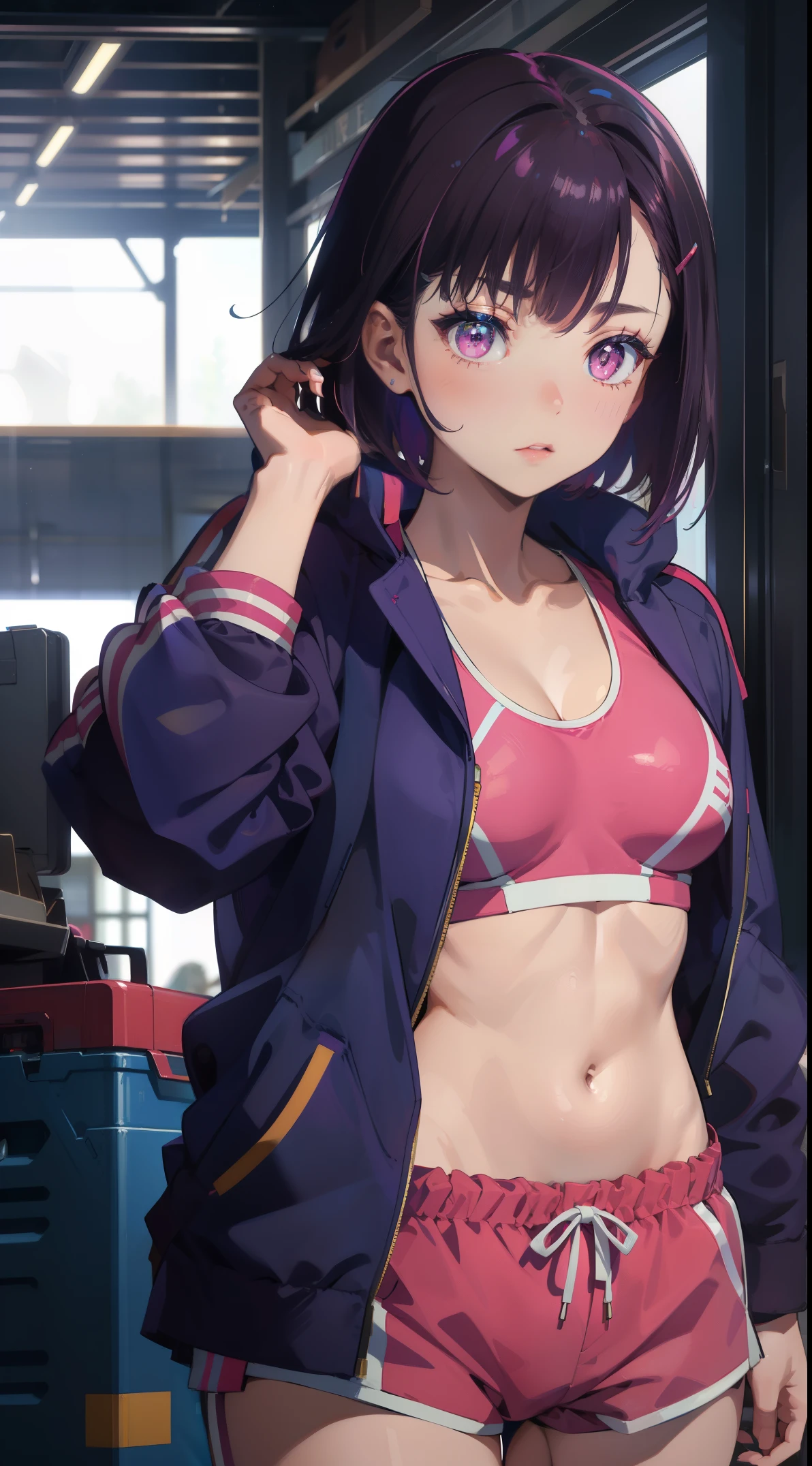 (masterpiece, best quality), intricate details, shizukazom100, 1girl, short hair, dark purple hair, bangs, hair ornament, hairclip, pink eyes, white pupils, medium breasts, collarbone, blue jacket, sports bra, navel, midriff, pink shorts, dynamic pose,