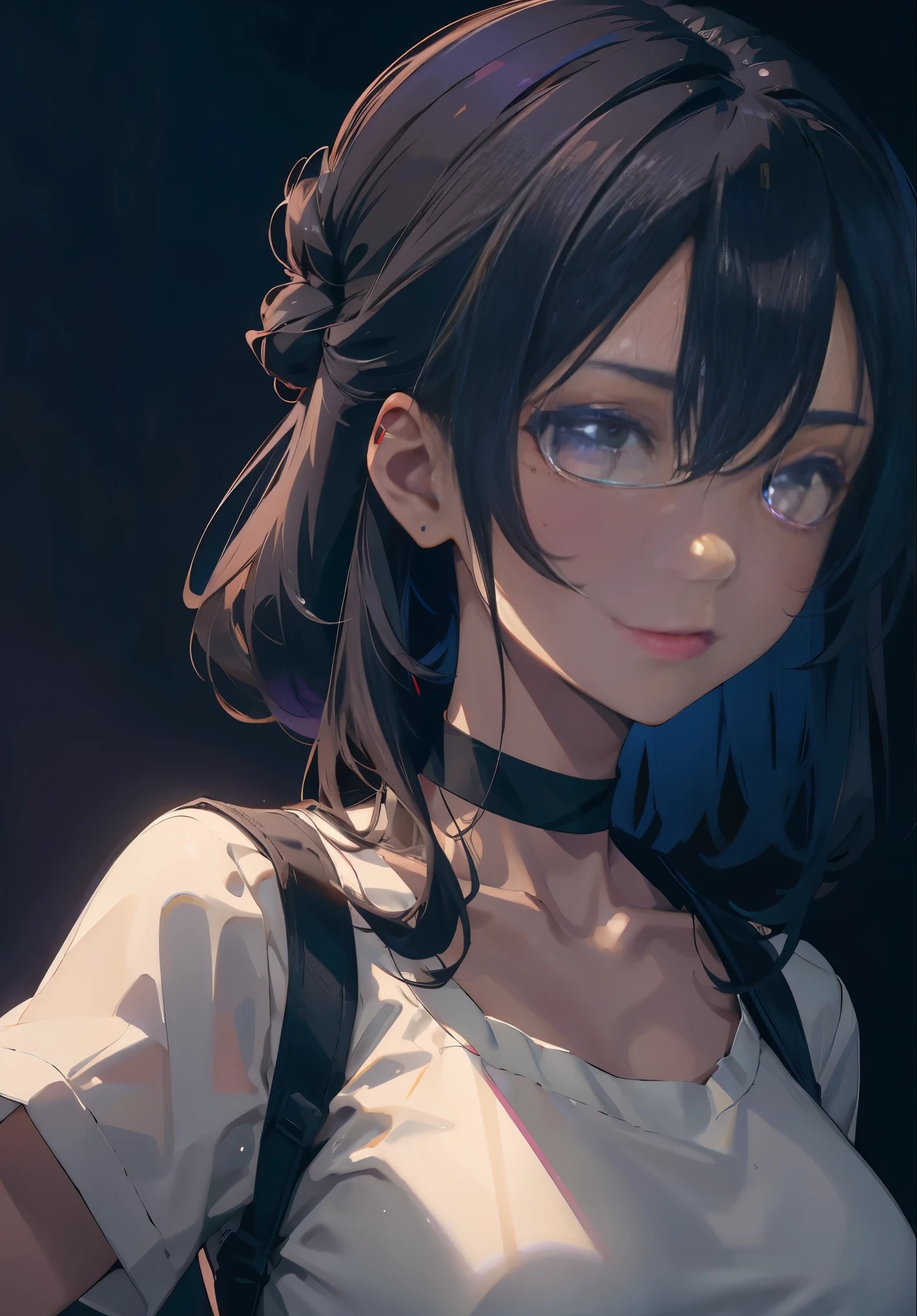 ((masterpiece)), ((ultra-detailed)), pixiv, best shadows, best lighting, best quality, absurdres, highres, cinematic shot, rim lightning, , dark lightning, 1girl, solo, black hair, choker, black choker, looking at viewer, hair bun, medium hair, single hair bun, shirt, mole under mouth, purple background, upper body, hair between eyes, mole