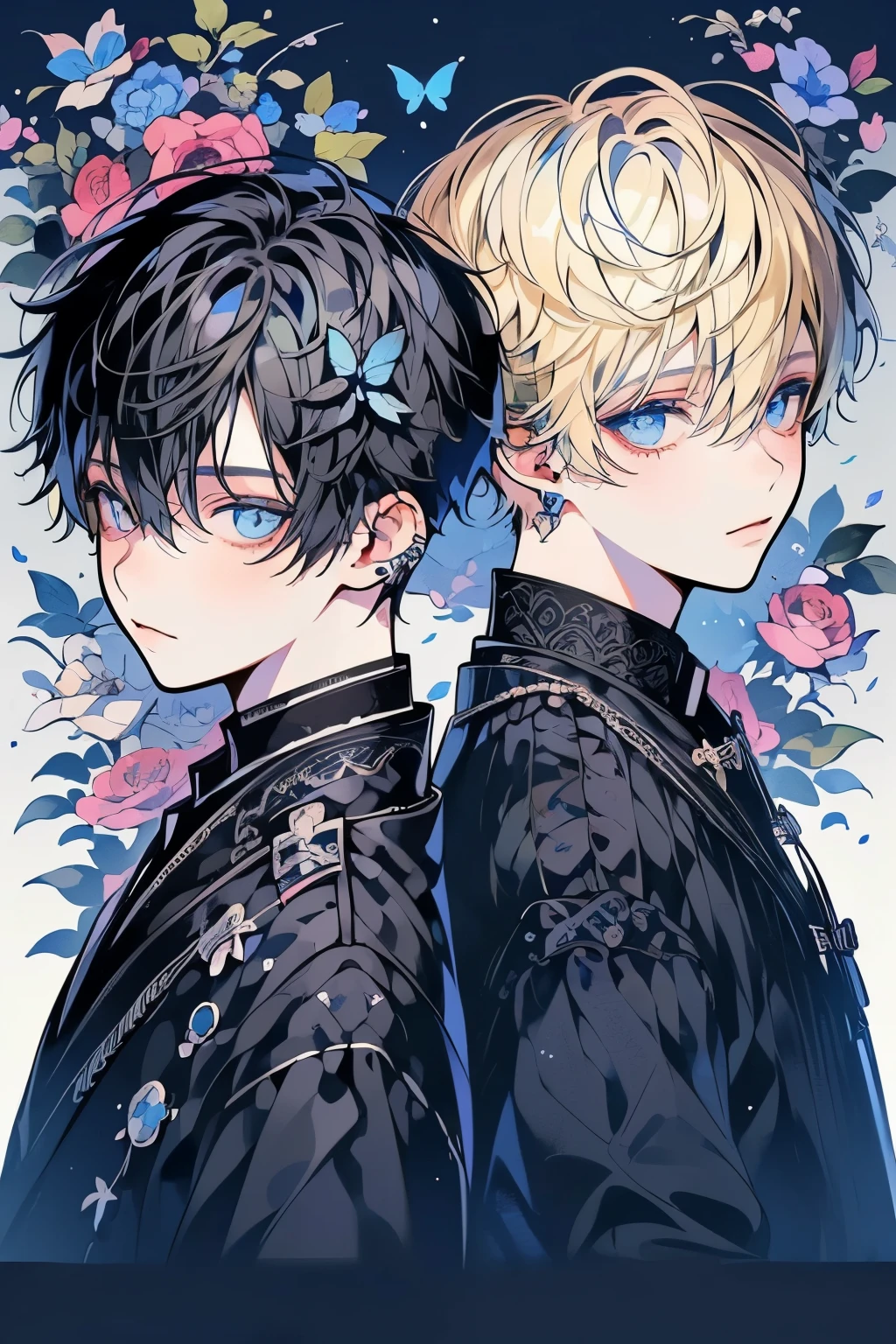(masutepiece), (Best Quality), Highly detailed, (Two Boys:1.4), focus,Perfect face, Beautiful face, extra detailed face,(blue eyess:1.3),florals,butterflys々,floralsびら,optic,(laught:1.3),(Black-haired boy:1.4),(blond boy:1.4)