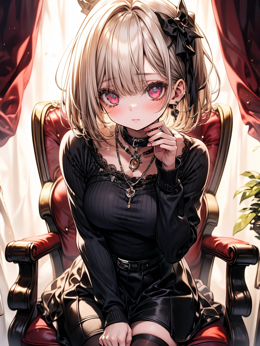 masterpiece, absurdres, best quality, ultra detailed, high Resolution, detailed illustration, extremely beautiful detailed face and eyes, bright colour, 1girl, (li), cute face, Delicate beautiful face, magenta eyes, cute eyes, sparkling eyes, big eyes, medium breasts, (perky breasts:1.1), (pointy breasts:1.1), medium hips, glamorous body, white skin, surprise, BREAK, long bob cut, (blonde hair:0.8), messy hair, detailed hair, shiny hair, BREAK sweater, long skirt, tiny ribbon, working, computer, sitting chair, office, real world, natural lights, perfect lighting,