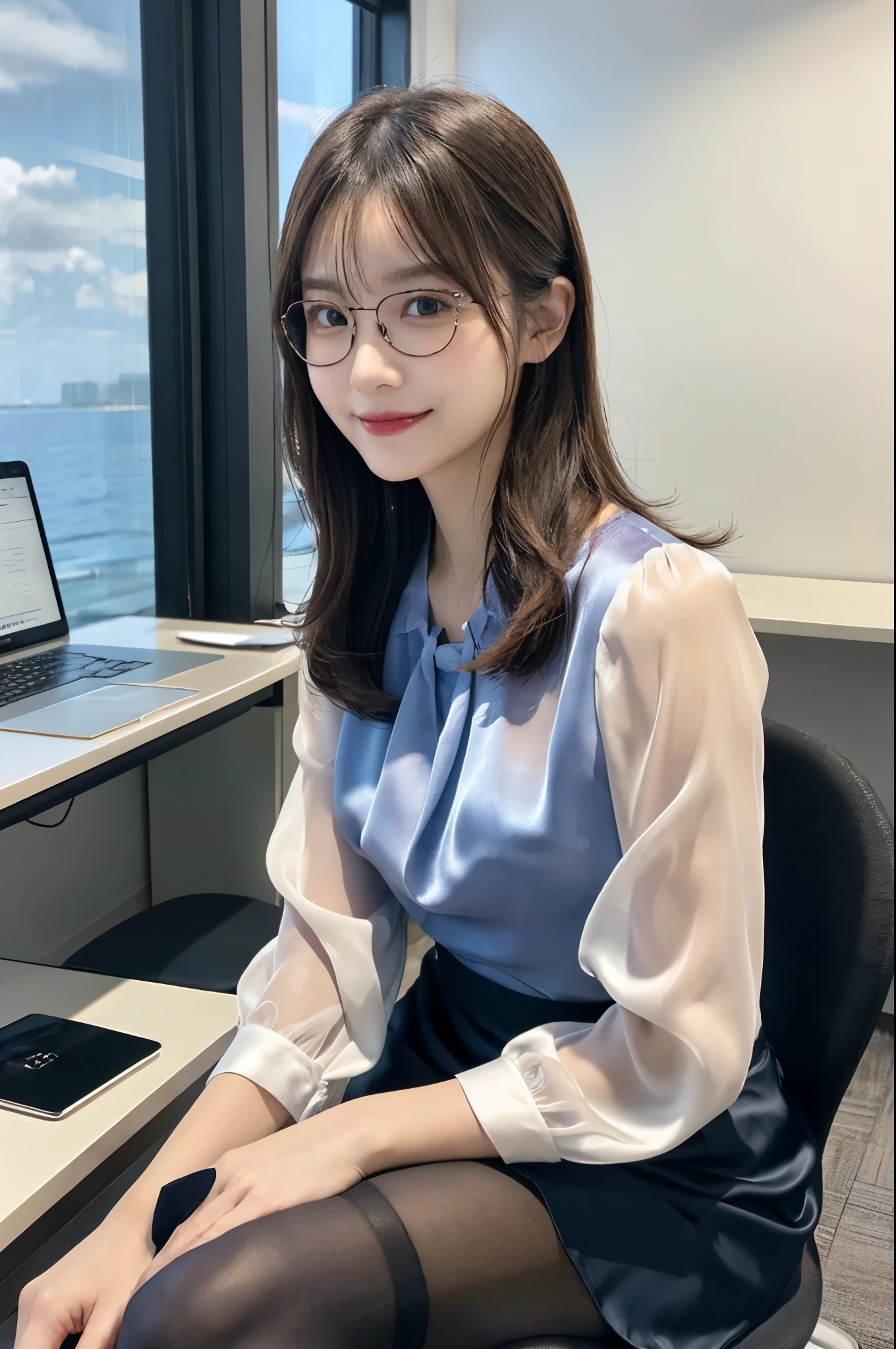ulzzang -6500-v1.1, (Raw photo:1.2), (Photorealsitic), (See-through:1.3), (Real:1.4), 1Girl in glasses、22year old、game_nffsw, Ocean Blue Eyes(eye detailed), Smile of shame、half updo hair, (wearing a silk blouse:1.3), (Ultra-realistic pantyhose:1.2), (flered skirt:1.2), sitting in the office and working at the desk、realistic skin textures、shinny skin、Exposed thighs!!! , make - up、