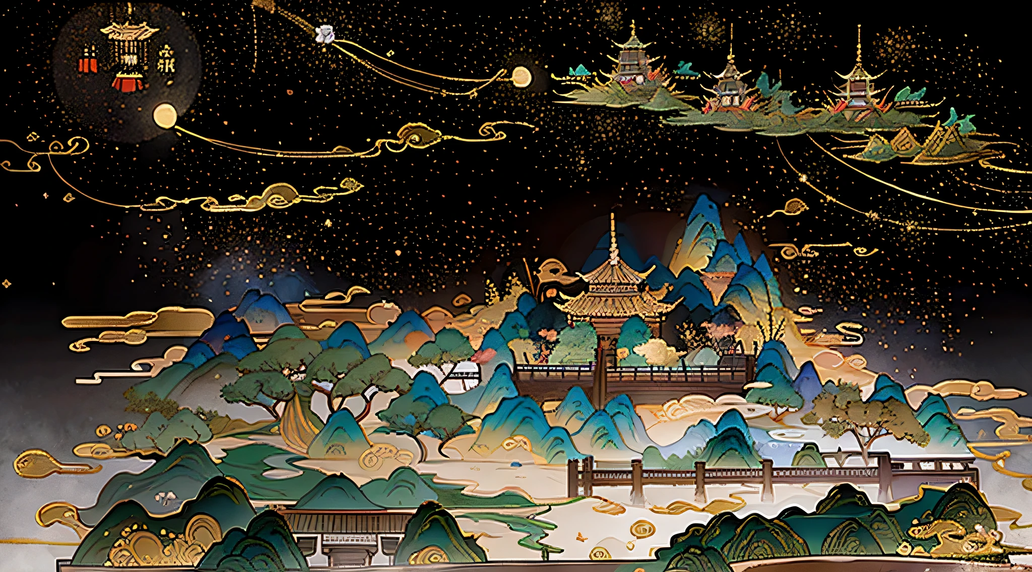 An ancient Chinese painting, ancient Chinese background, mountains, rivers, auspicious clouds, pavilions, sunshine, masterpieces, super detail, epic composition, ultra HD, high quality, extremely detailed, official art, unified 8k wallpaper, Super detail, 32k -- v 6