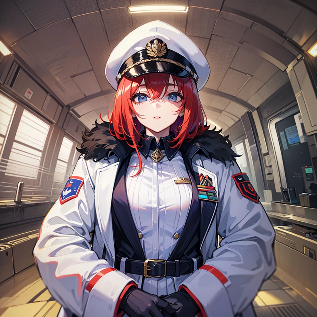 ((Masterpiece)), ((Highest Image Quality)), ((Best Quality)), (Illustration of One Girl), Full Body, 25 Years Old, Neutral, ((Freckles))), Orange Hair Ponytail, Yellow Eyes, (Tall Body)), Big, (Muscular Strong Body)), ((Muscular Strong Body)), (Military Uniform)), (Military Hat)), ((Army Coat)), (White Clothes), (White Pants), (White Hat), Trench Coat, ((Inside the Spacecraft)), (Outside the Window, Space, Earth as seen from space, Spaceport)