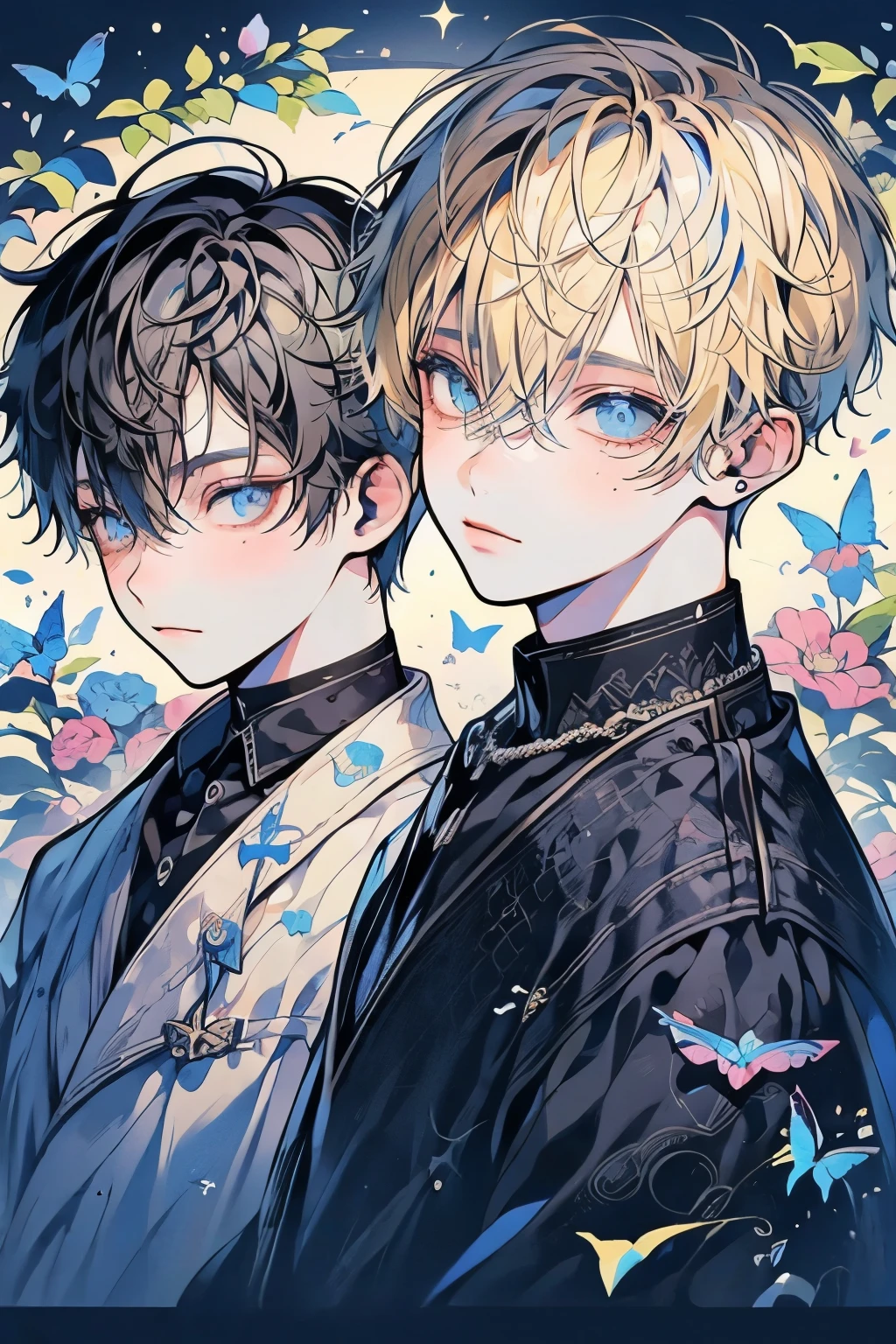 (masutepiece), (Best Quality), Highly detailed, (Two Boys:1.4), focus，Perfect face, Beautiful face, extra detailed face，(blue eyess:1.3)，florals，butterflys々，floralsびら，optic，(laught:1.3)，(Black-haired boy:1.4)，(blond boy:1.4)