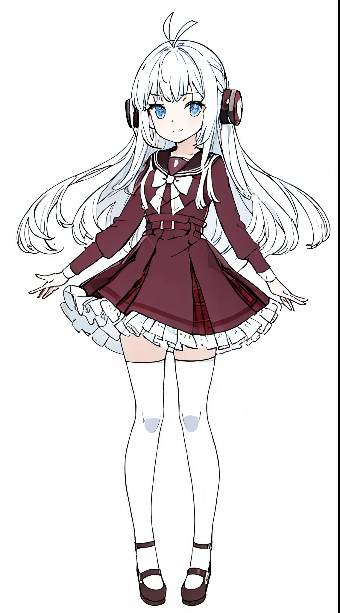 (1girl,),white hair,long hair,kanbauniform,bowtie,(((hair 2antennas))),smile,(white background,line drawing),full body,standing