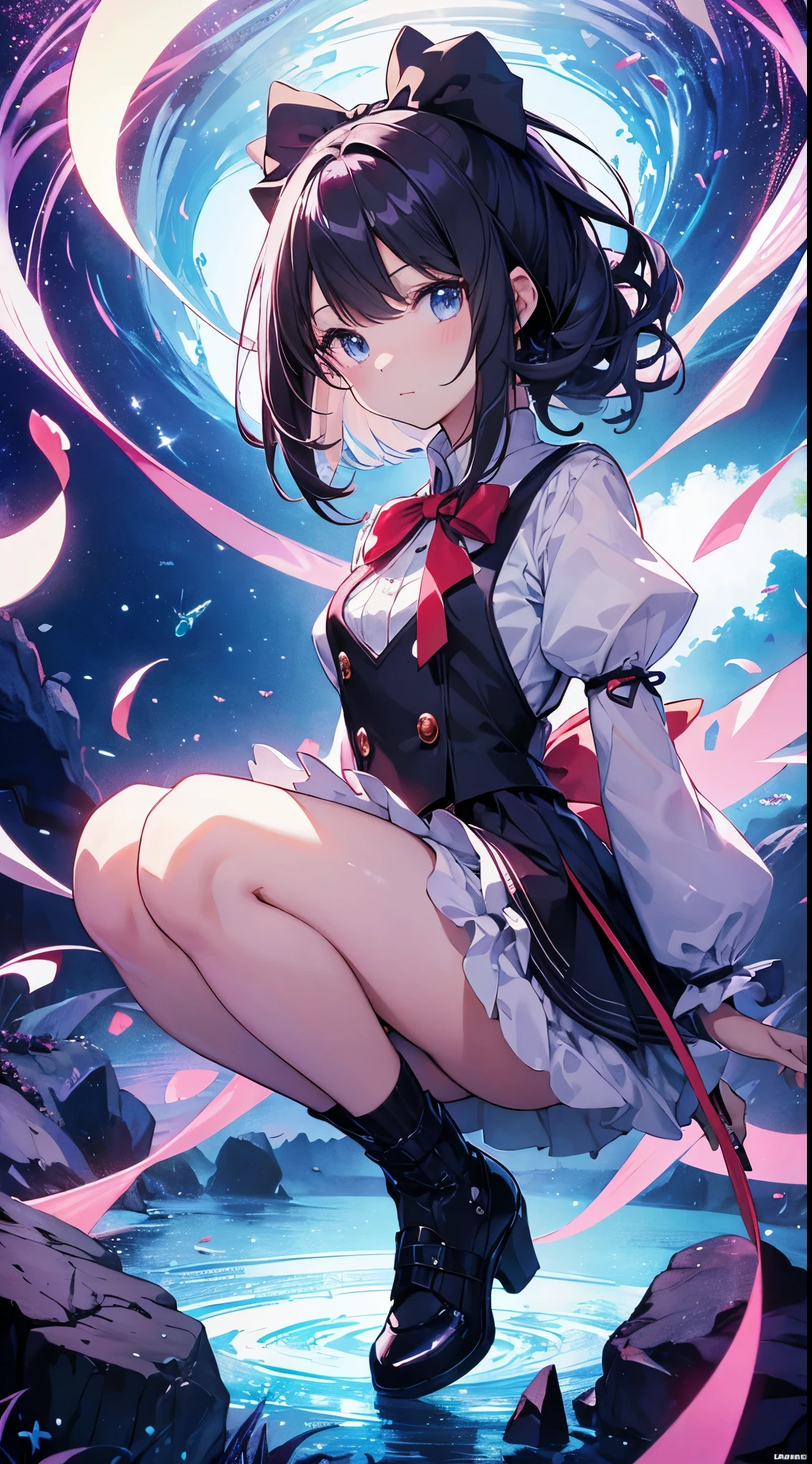 (Best Quality:1.3)、1girl in、Fantasia、a miniskirt、Crouching、alice in the wonderland、Cute anime illustration、