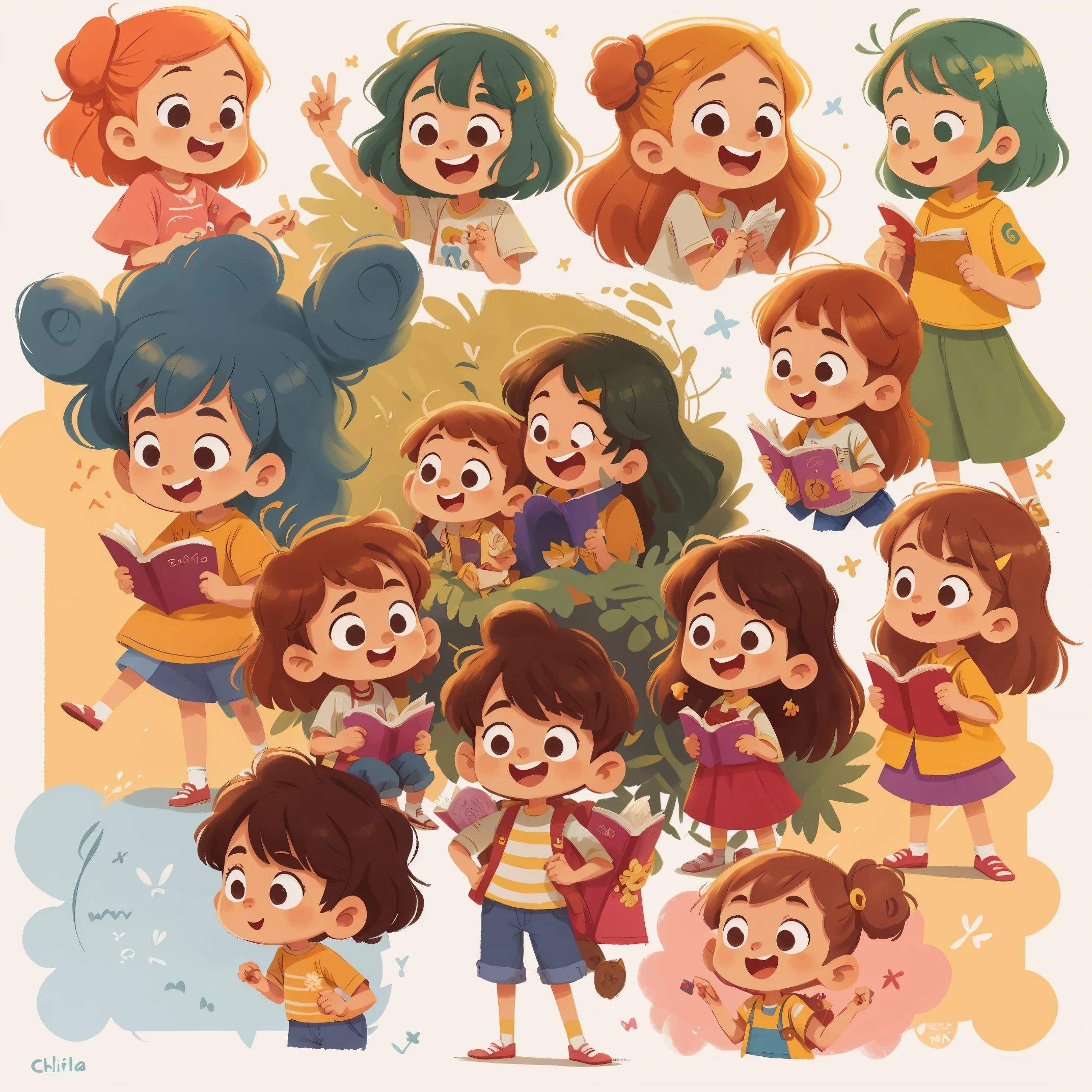 master part, melhor qualidade, Uma garota de com cabelos cacheados, roupa casual, folha de caracteres detalhada, multiply poses and expressions by smiling, isolated on fundo branco, design de personagens, hiper detalhado, detalhes finos, refer ence sheet, No estilo do personagem do livro Childreb, folha de caracteres, fundo branco, personagem do livro infantil