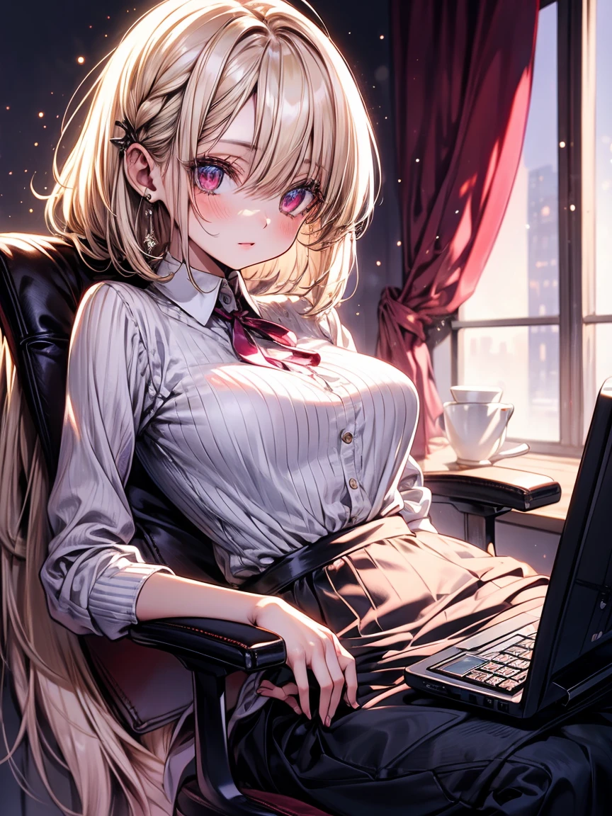 masterpiece, absurdres, best quality, ultra detailed, high Resolution, detailed illustration, extremely beautiful detailed face and eyes, bright colour, 1girl, (), cute face, Delicate beautiful face, magenta eyes, cute eyes, sparkling eyes, big eyes, medium breasts, (perky breasts:1.1), (pointy breasts:1.1), medium hips, glamorous body, white skin, surprise, BREAK, long bob cut, (blonde hair:0.8), messy hair, detailed hair, shiny hair, BREAK sweater, long skirt, tiny ribbon, working, computer, sitting chair, office, real world, natural lights, perfect lighting,