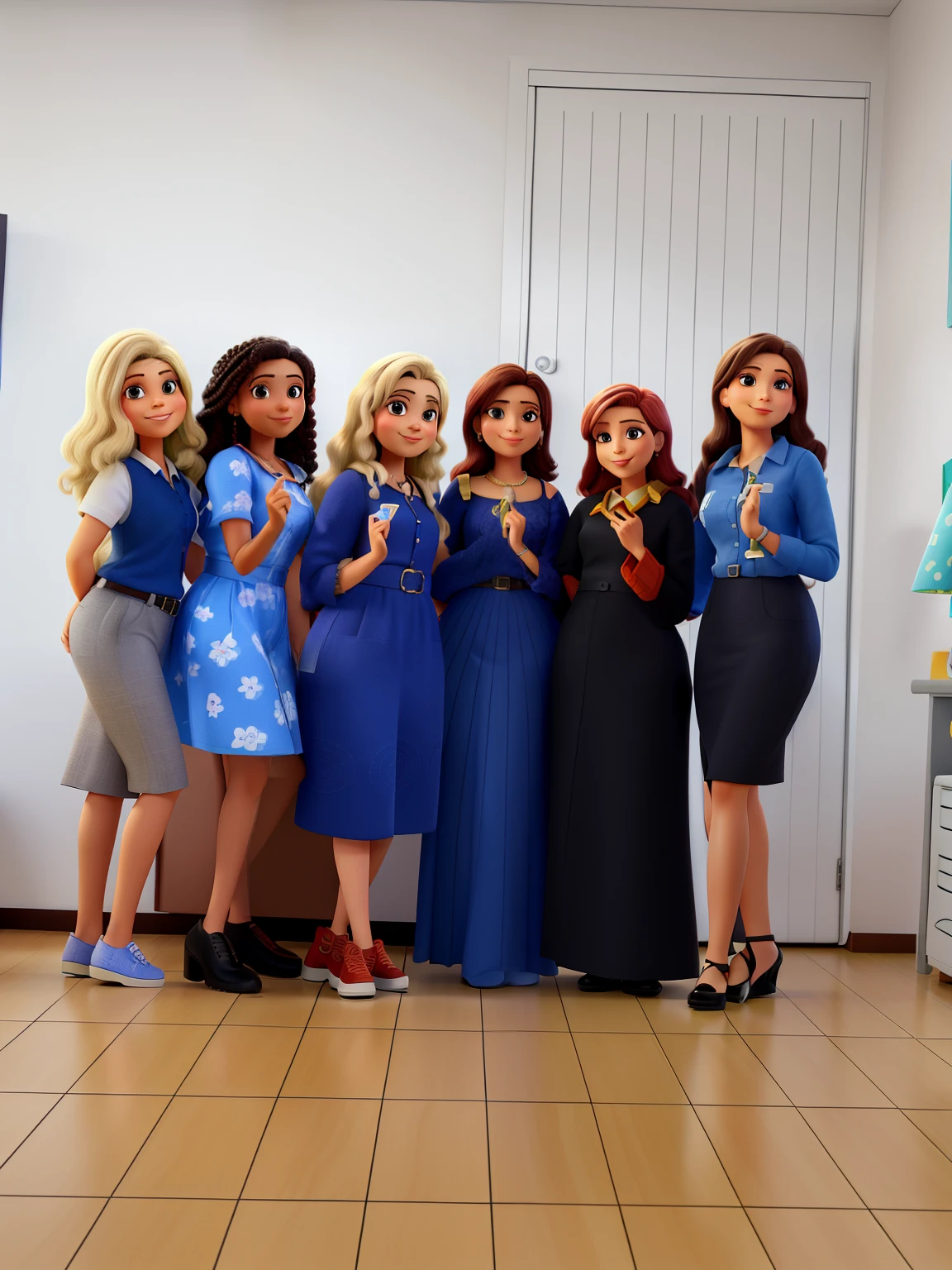 quatro mulheres de cabelos escuros, uma mulher cacheada, uma mulher loura, todas sorrindo, todas com roupas azuis, on an office background, alta qualidade, melhor qualidade, estilo pixar