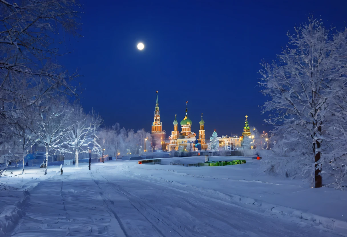 Night view of Moscow, winter, luna, night lights, Christmas decorations