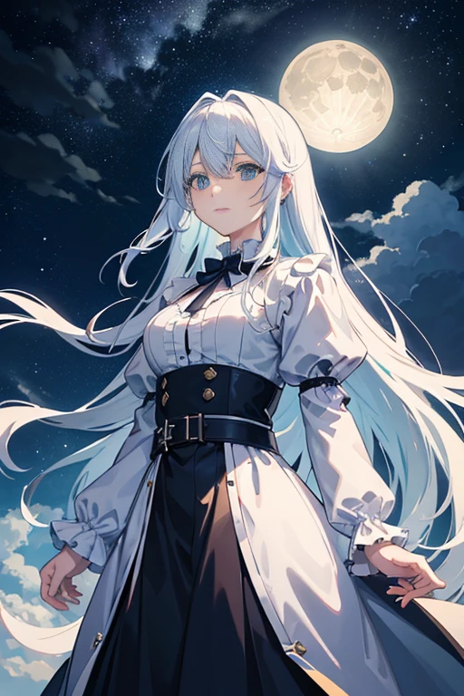 A bright full moon in the sky, nigh sky; 8K, Starry sky environment in moonlight, Dream-like atmosphere on a moonlit night, anime backgrounds, cloudy sky under moonlight, atmospheric anime, moonlit backdrop, anime movie backgrounds, Anime Sky, floating in the moonlight at night, moonlit sky, 月光下的nigh sky, Clouds background under moonlight