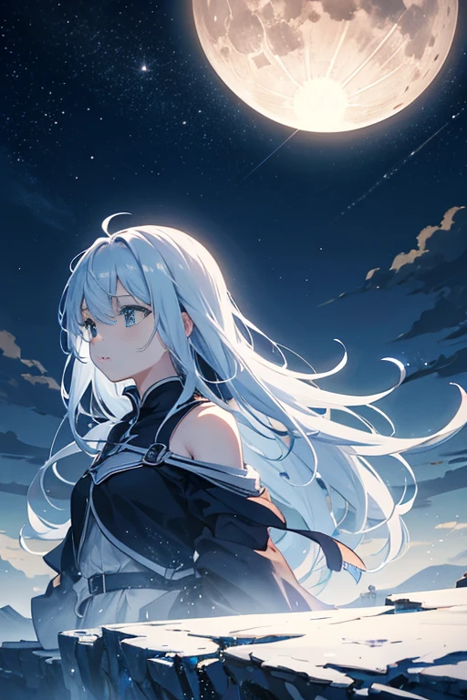 A bright full moon in the sky, nigh sky; 8K, Starry sky environment in moonlight, Dream-like atmosphere on a moonlit night, anime backgrounds, cloudy sky under moonlight, atmospheric anime, moonlit backdrop, anime movie backgrounds, Anime Sky, floating in the moonlight at night, moonlit sky, 月光下的nigh sky, Clouds background under moonlight