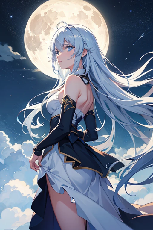 A bright full moon in the sky, nigh sky; 8K, Starry sky environment in moonlight, Dream-like atmosphere on a moonlit night, anime backgrounds, cloudy sky under moonlight, atmospheric anime, moonlit backdrop, anime movie backgrounds, Anime Sky, floating in the moonlight at night, moonlit sky, 月光下的nigh sky, Clouds background under moonlight