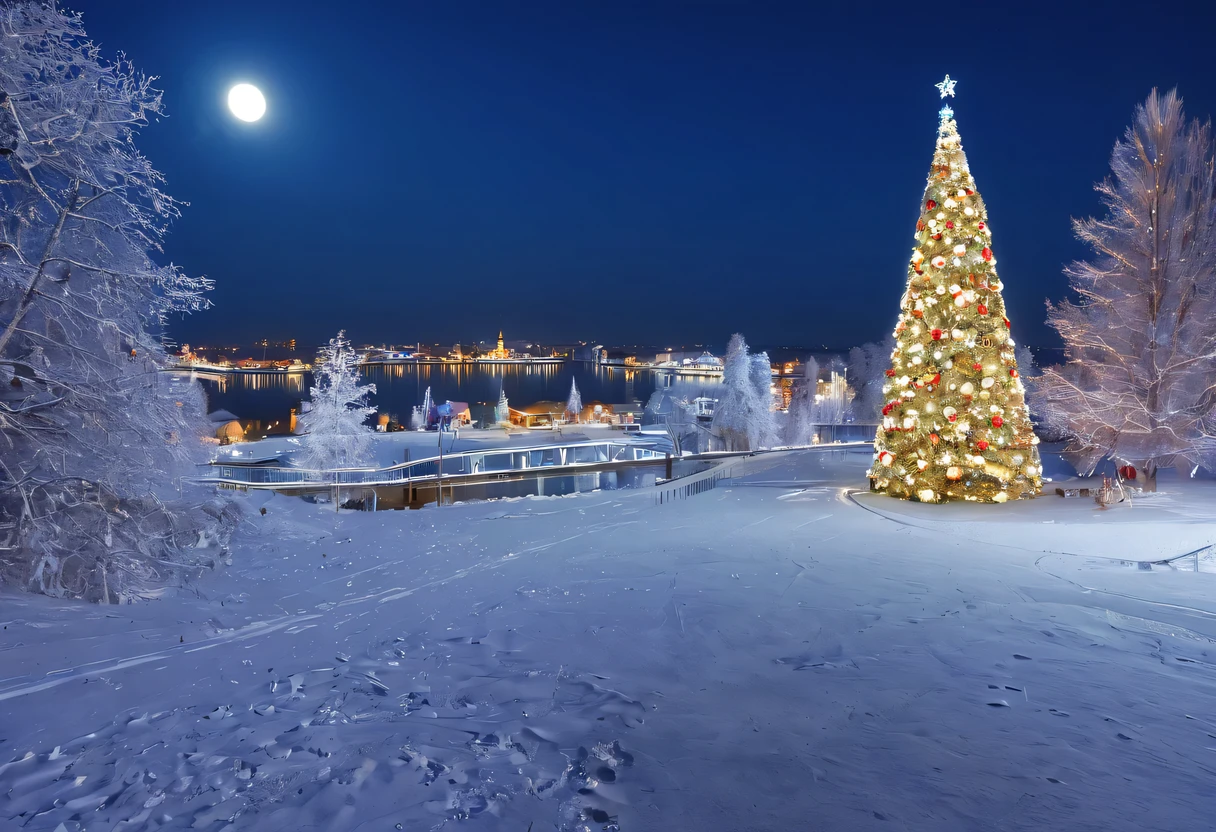 Night view of Moscow, winter, luna, night lights, Christmas decorations