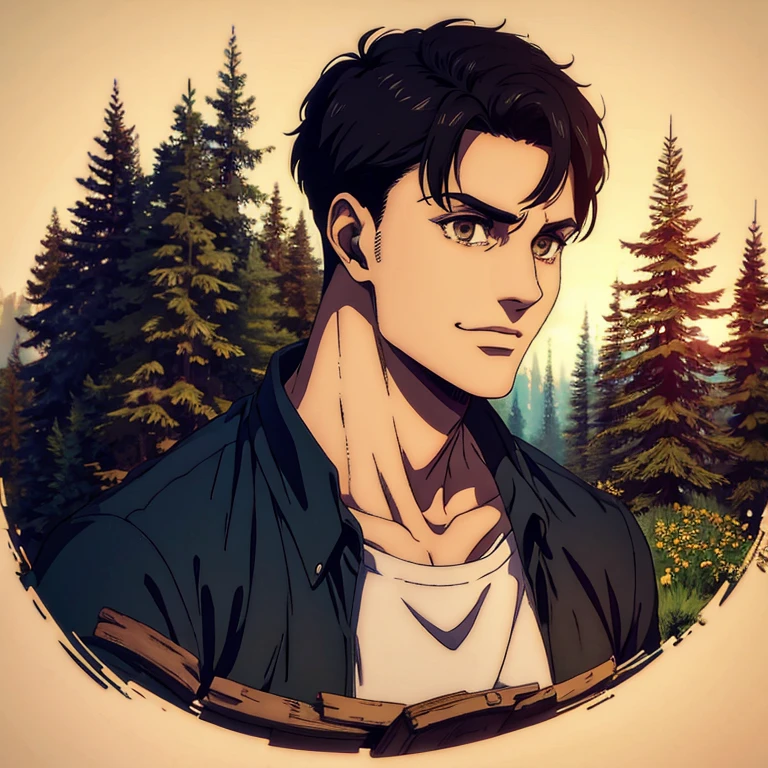A male character who has brown eyes and short black hair undercut in the Mappa art style.He is depicted in a dark blue shirt, showcasing a sharp jawline. He is also fair. He is also smiling . Show a small cabin forest. The artwork should have the best quality, with ultra-detailed and realistic features. The color palette should be vivid, and the lighting should emphasize the character's facial structure and expression.