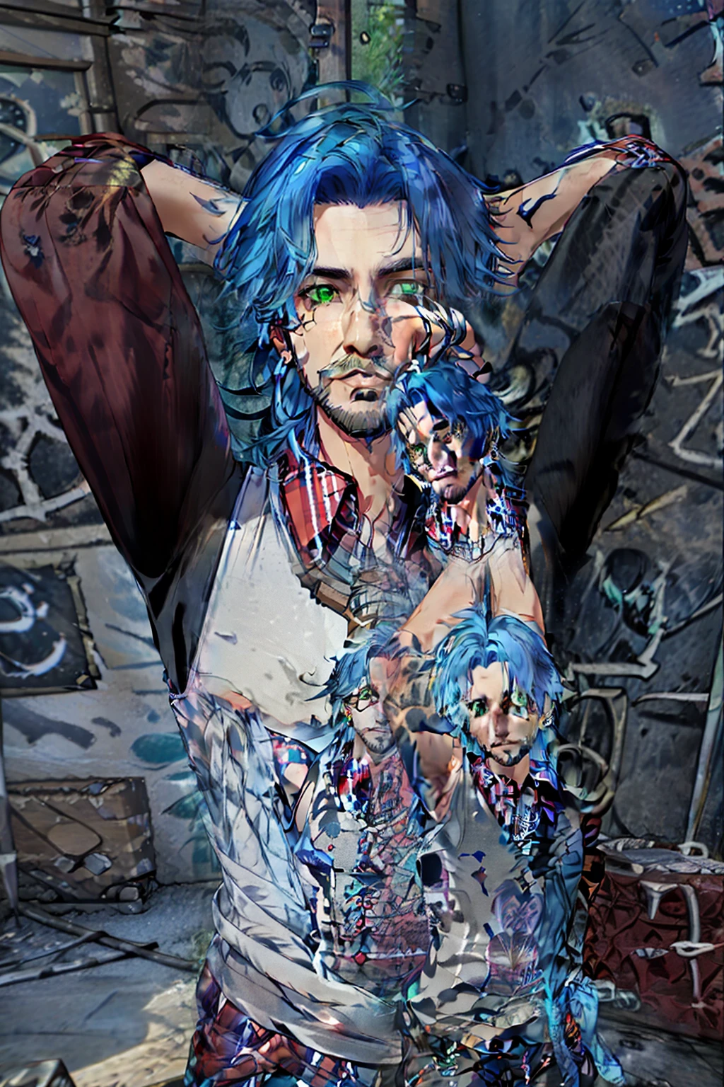 Aeron X'voor, solo, looking at viewer, shirt, 1boy, jewelry, green eyes, blue hair, upper body, male focus, earrings, arms up, plaid, tattoo, facial hair, arms behind head, beard, realistic, plaid shirt