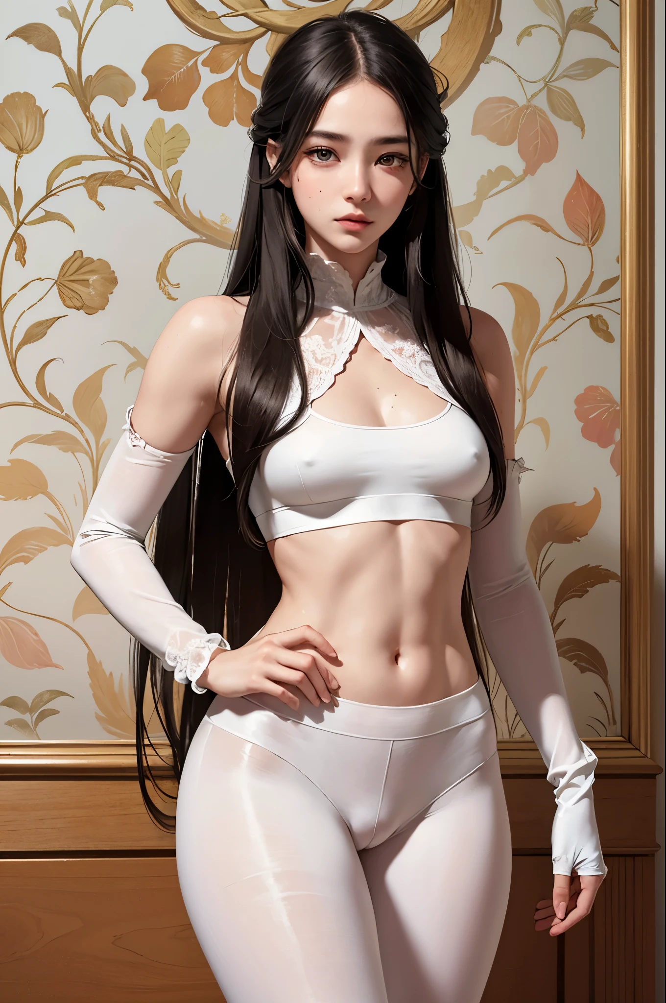 (Hyper-realistic), (illustratio), (A high resolution), (8K), (The is very detailed), (best illustratio), (Beautiful and detailed eye quality), (ultra - detailed), (tmasterpiece), (the wallpaper), (详细的脸), ソロ1女の子, white scrunchie, korean people, heterochromatic eyes, There is a small mole under the eye, Loose white shirt, Yoga pants, , legs long, Firm abs, Camel toes, dynamicposes