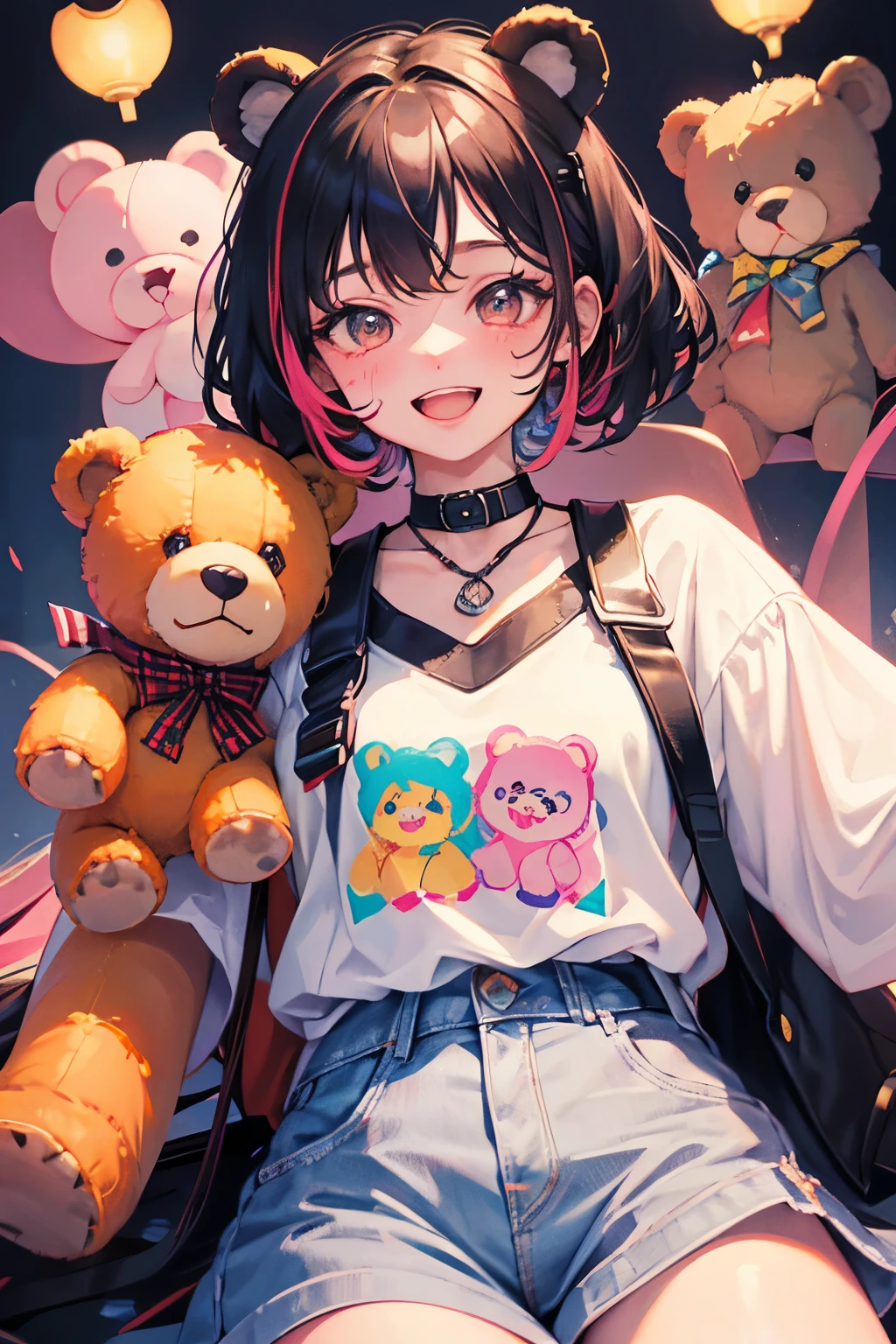 （illustratio：1.3）Teddy bear with girl smiling with open mouth,Painted with multicolored inks,Punk style,Innocent Teddy Bear,Radiant,Delicate,high-level image quality,Honey is dripping