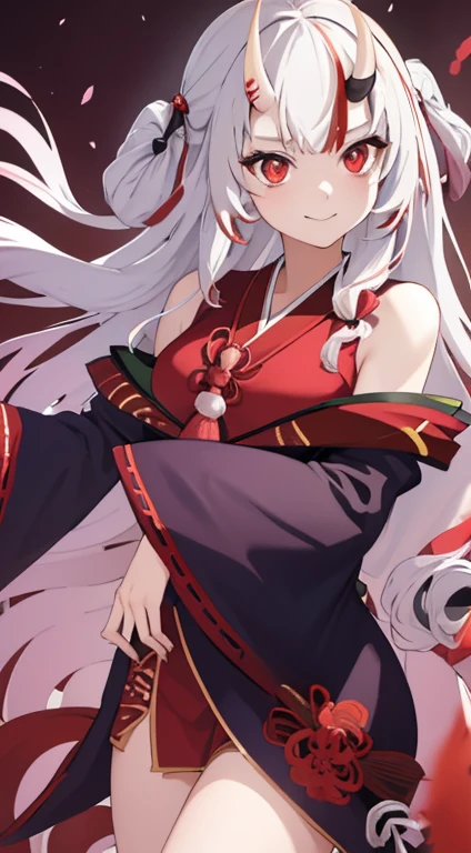 Demon Woman、oni horns、gray long hair、Red Eyes、A slight smil、Japanese clothes with exposed shoulders、Long sword、Attractive hairpin on the head、glamorous pose、The background is dancing cherry blossoms、