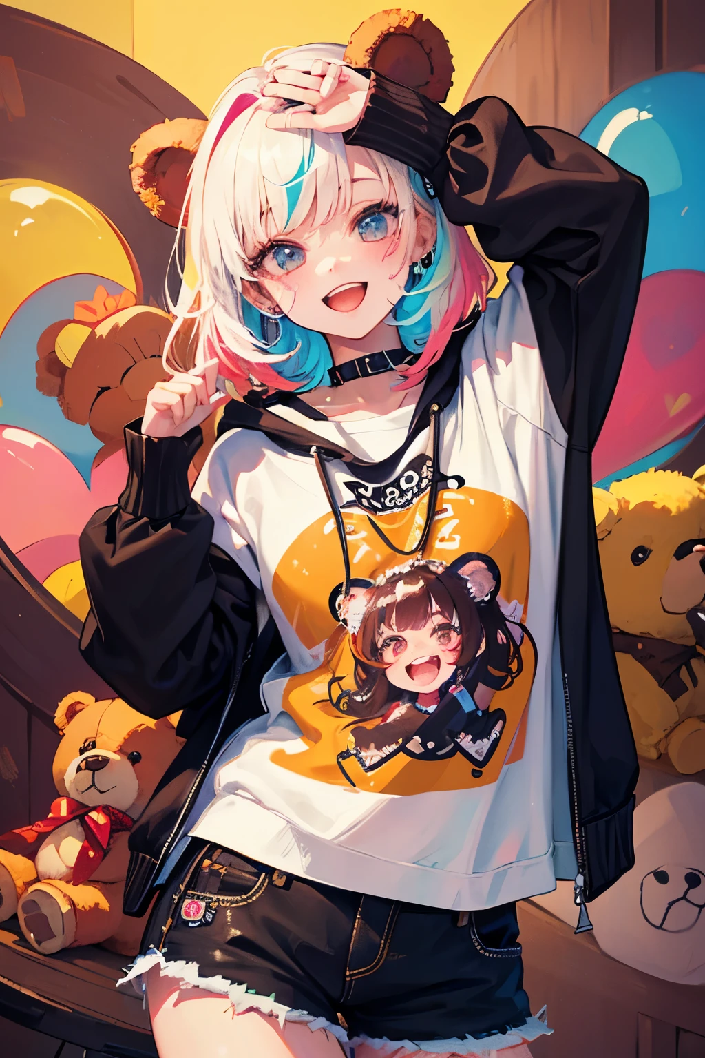 (illustratio:1.3)Teddy bear with girl smiling with open mouth,Painted with multicolored inks,Punk style,Innocent Teddy Bear,Radiant,Delicate,high-level image quality,Honey is dripping