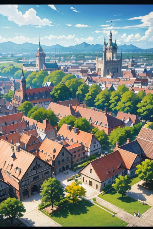 anime scene，There are many people walking around on the street, Renaissance port city background, black clover screenshot, boromir in an anime world, Palace in the anime world, Bustling magic town, Epic spacious courtyard, medeival fantasy town, Downtown background, screenshot from the anime film, anime scene, Opening scene