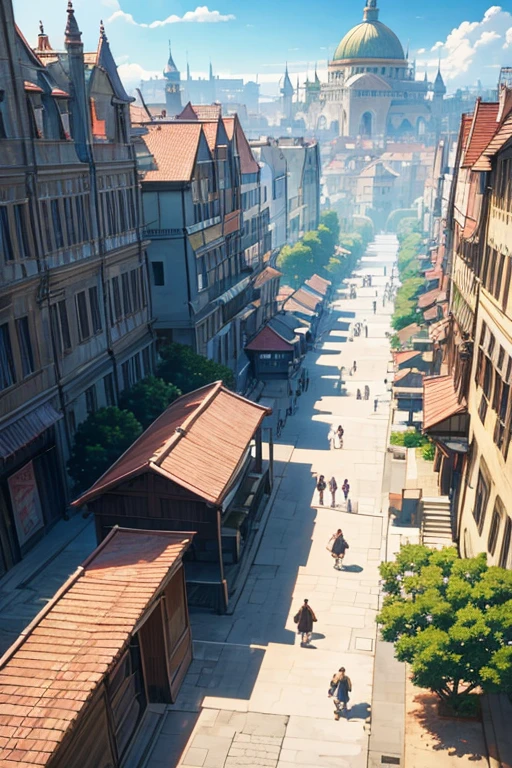 anime scene,There are many people walking around on the street, Renaissance port city background, black clover screenshot, boromir in an anime world, Palace in the anime world, Bustling magic town, Epic spacious courtyard, medeival fantasy town, Downtown background, screenshot from the anime film, anime scene, Opening scene