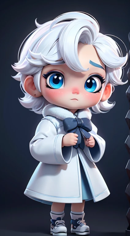 Cute little boy,short detailed hair,White hair 8k, Cold，The eyes are focused, Add a shadow, blue colored eyes，All the dolls look innocent, well-behaved and cute.full bodyesbian，Cold黑暗背景、Cool drag、Add a shadow、low shoes、Wearing white gloves、a sharp gaze，