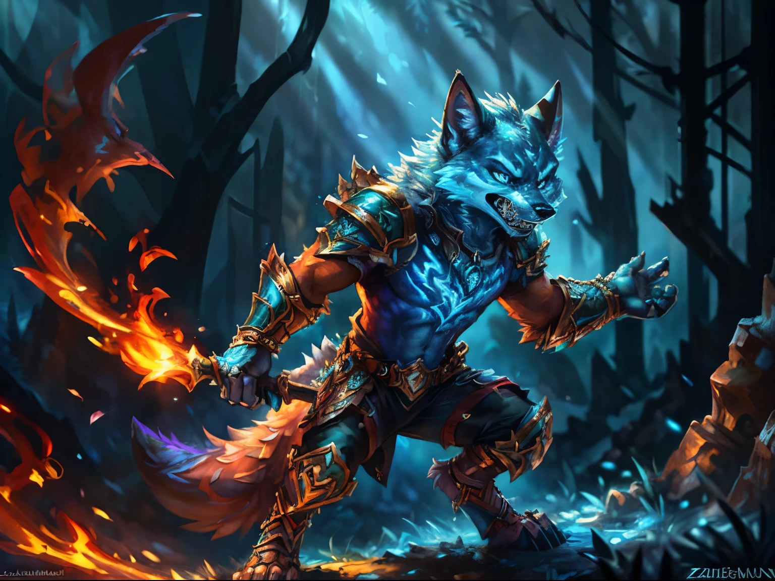 ((highest quality,8K,Uncertain resolution,16k, masterpiece: 1.3))Furry Muscular Werewolf male wearing only pants, Furry Art, Muscular Werewolf, high resolution committee, Whole Body Committee, Delicate eyes, Eye color is orange gold, Furry色黒, Furry Anime, Fursona Furry Art committee, Furryフルソナ, Gorgeous werewolf Frosona, Hairy Chest, armor, Brown boots on his feet,, Furry Art, Facial expressions are fierce, Tsundere, 1 boy, Long furry wolf tail with fangs in its mouth, Staring at the screen, Sharp Claws, Two legs, Stand on both feet, human wolf,比類のないmasterpiece, Perfect artwork, Absurd, High-quality illustrations, Ultra-high resolution, Detailed Background, Shui Movissim, Perfect Anatomy (Furry, Humanity, kemono, Focus Only, Japanese Kimono, Ninja, warrior, Blue Flame Sword, Battle Duels),8k Ultra HD, HDR,Unique Design,One and only,A magnificent composition,One Scene,Anime Style,Studio Lighting,Ultra Wide Angle,Original elements,Full body description,Dynamic Angles,Symbolism,Dynamic Lighting,Professional Color Grading,Creative,Extreme detail,Glow effect