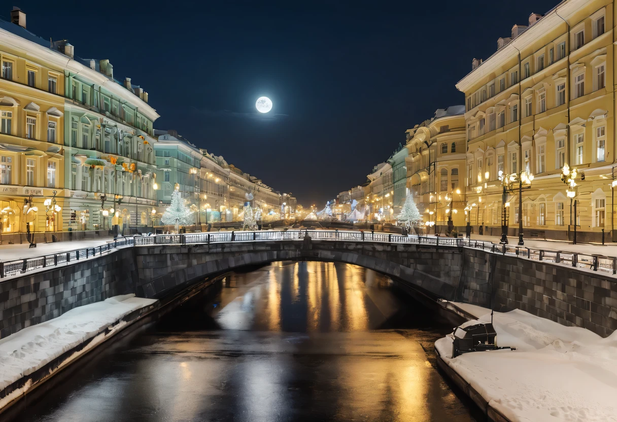 Night view of the street.. Petersburg, winter, luna, night lights, Christmas decorations, Nevsky Prospekt, bridges, high resolution artistic photography, Landscape Mode