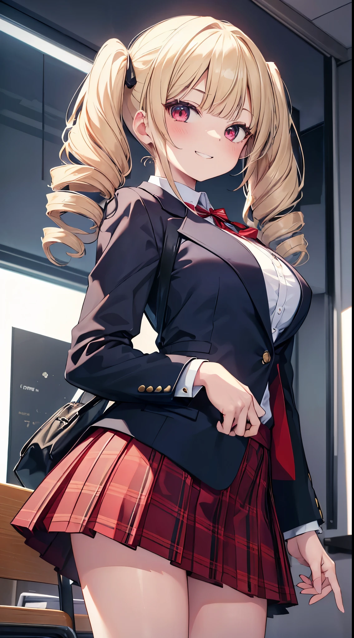 (8K、Top image quality、top-quality、masterpiece)、A detailed face、1 girl in、a blond、twintails、(((Hairstyle like a drill)))、blunt bangs、red eyes、Proud expression、smirk grin、arrogant laughter、large full breasts、white shirt、Dark blue blazer、Red Mini Pleated Skirt、plaid、white over high socks、((a miniskirt))、cowboy shot、Put your hand to your mouth、((Taken from below))、Classroom Background