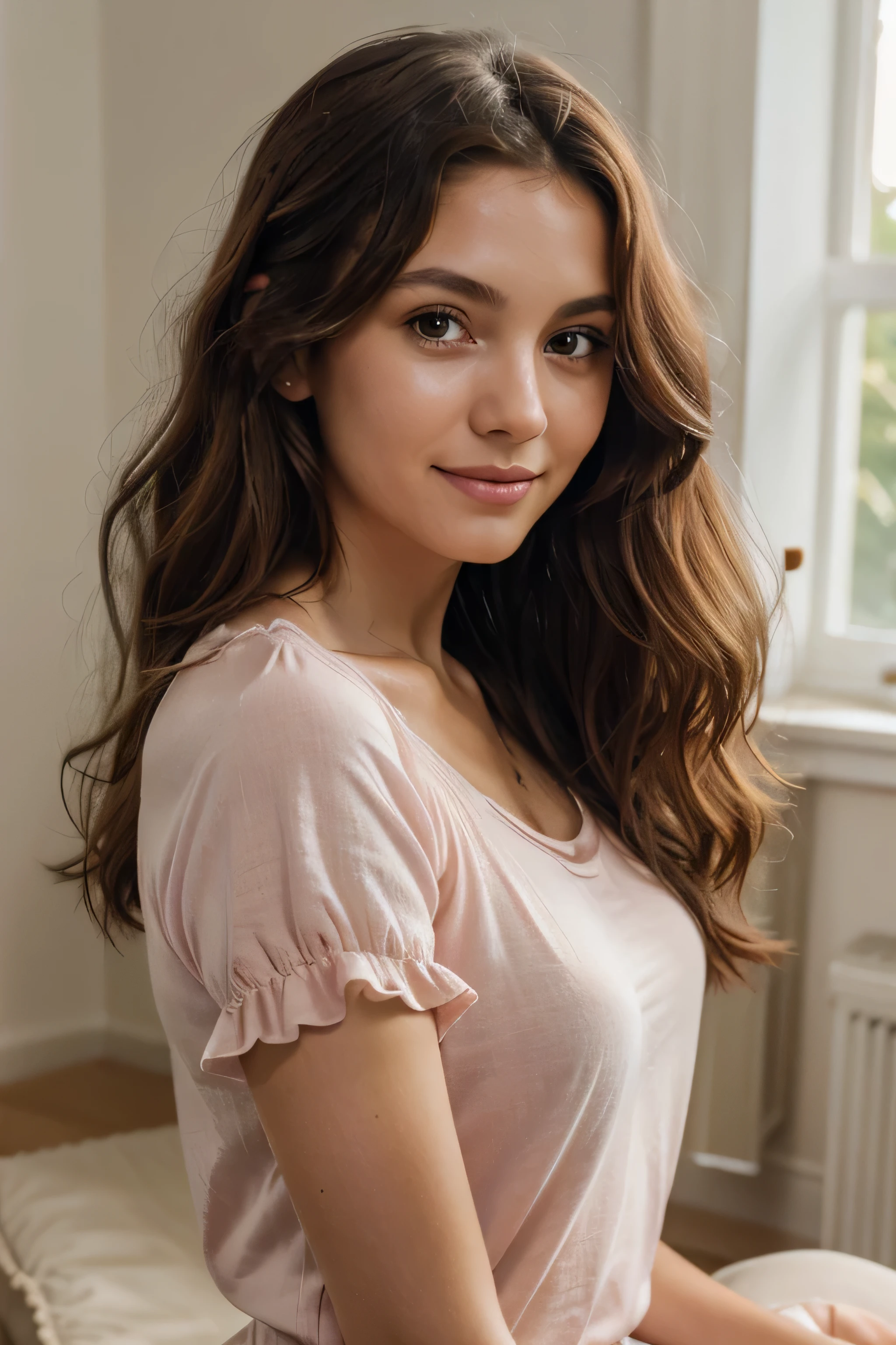 A realistic half-body portrait of a woman, A woman with long wavy brown curly hair, green eyes, and a gentle smile, wearing a pink tshirt with ruffled sleeves, The setting is a bright, minimalist studio with soft natural lighting, The atmosphere is serene and intimate, capturing the woman's warm and approachable demeanor, Photography, A high-resolution DSLR camera with a soft focus lens to enhance the intimate feel,