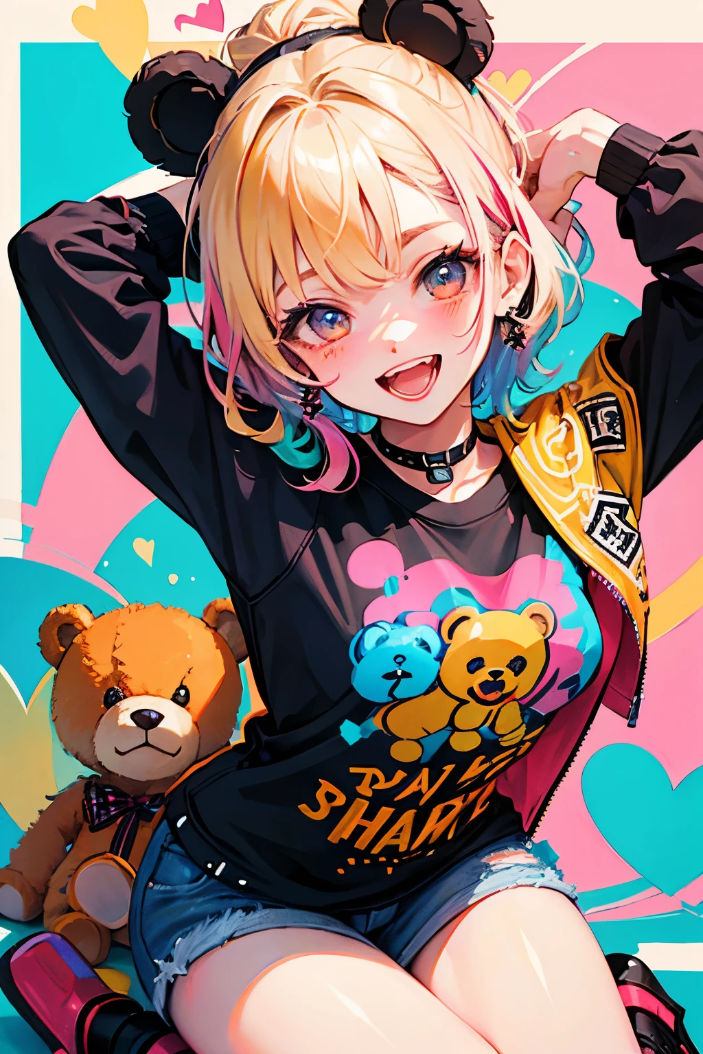 （illustratio：1.3）Teddy bear with girl smiling with open mouth,Painted with multicolored inks,Punk style,Innocent Teddy Bear,Radiant,Delicate,high-level image quality,Honey is dripping