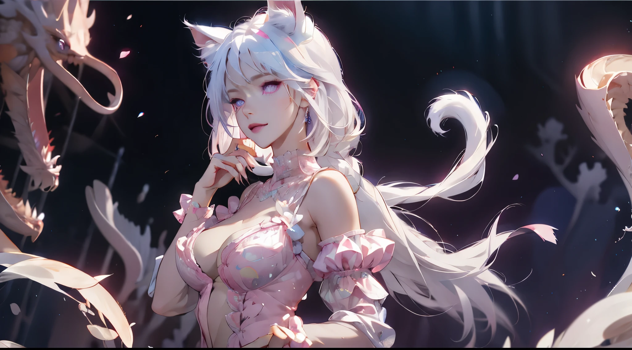Anime girl with a pair of cat ears, There are soft white villi on the inside of the ear, Her eyes widened,Full of curiosity, She was excited and happy to see me, pretty eyes, White hair, a pink eyes, good art, good drawn, anime 2d, 2d, cute big breasts, 2 hands,5 fingers per hand, beautiful hand, Well drawn hands, 4K, 8K,