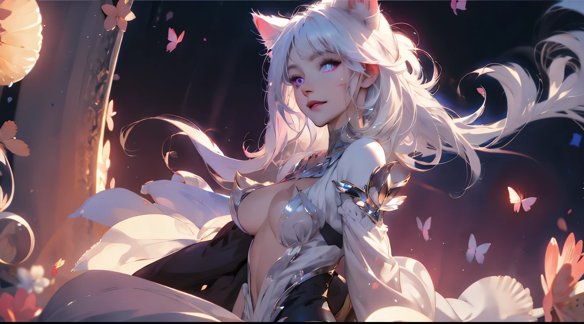 Anime girl with a pair of cat ears, There are soft white villi on the inside of the ear, Her eyes widened，Full of curiosity, She was excited and happy to see me, pretty eyes, White hair, a pink eyes, good art, good drawn, anime 2d, 2d, cute big breasts, 2 hands，5 fingers per hand, beautiful hand, Well drawn hands, 4K, 8K,