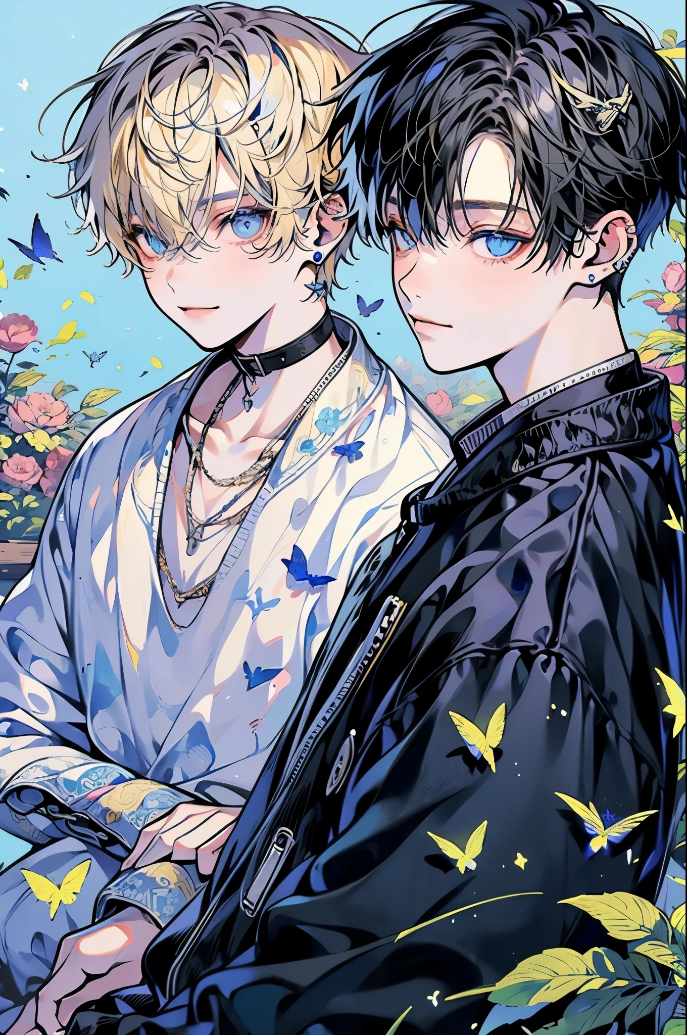 (masutepiece), (Best Quality), Highly detailed, (Two Boys:1.4), focus,Perfect face, Beautiful face, extra detailed face,(blue eyess:1.3),florals,butterflys々,floralsびら,optic,(a smile:1.3),(Black-haired boy:1.4),(blond boy:1.4)