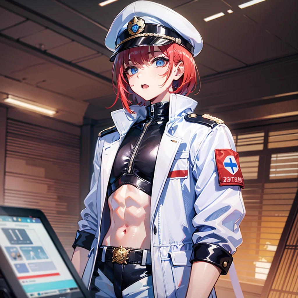 （（（​masterpiece、Top image quality、top-quality、8ｋ）））、（Illustration of one woman）、30-years old、（Viceroy）、（（Red-haired shorthair））、（Thin hair hanging down both sides of the face）、Blue eyes、（（Tall））、（（Muscle Woman、stocky build、muscular legs、broad shoulders、solid chest））、（（Military uniforms））、（（Military Cap））、（（Military coat））、（white  clothes）、（White pants）、（White cap）、trench coat、long boots、（（（Inside a futuristic spaceship、The Universe on the Monitor）））