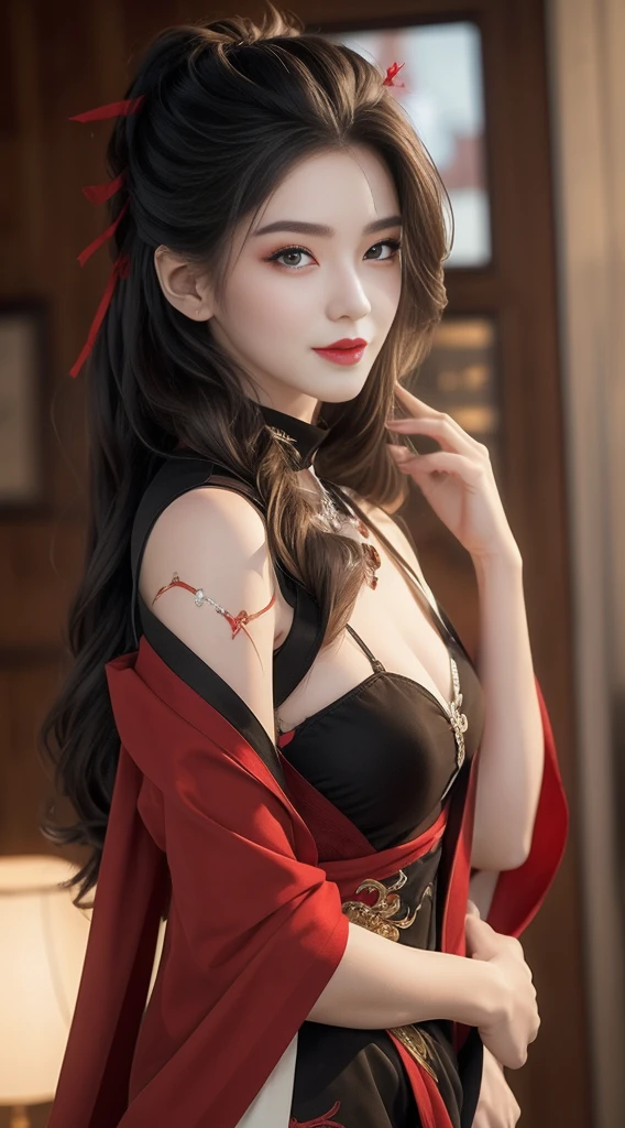 best quality, masterpiece, highres, 1girl, hanfu, white and even teeth, red irises, chinese underwear, hair ornaments, necklace, jewelry, crown jewelry. Pretty face, full body, magic import style, tyndall effect, photo realistic, dark studio, border light, two tone light, (high detail skin: 1.2), 8k uhd, dslr , soft light, high quality, volumetric light, candid, Photo , high resolution, 4k, 8k, Bokeh, (light pink lips), 1 beautiful demon from hell, In the Dark: 1.6 ), surreal full-body women by David Hockney and Alphonse Mucha, fantasy art, photorealism, dynamic lighting, station art, posters, volumetric lighting, highly detailed faces, super 8k, Awarded, in the dark, dark, low light, cowboy lens, (red phoenix shirt: 1.4), long hair, black hair, bust, palace luxury, royal style family, devil's crown, red eyes with very sharp and detailed makeup, Best face, Very round and firm breasts, Surrealism, chinese women's clothing, turtleneck lace polo shirt , charming smile, Pretty eye makeup, guweiz, devil style, black lace socks, mesh stockings with hooks on panties, long lace polo nightdress with thin red black deep chest cutout, ponytail with bow on the back, dark red lips, Devil tattoo on shoulder, overcast and thunderous landscape, (full body), Close-up of main character, (Background detail 1.8), lace-up socks, medium-sized butt,