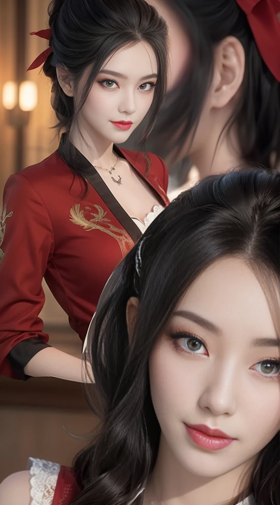 1 Beautiful Devil Girl From Hell, Surrealistic female portraits by David Hockney and Alphonse Mucha, realistic shorts, Chinese Doll, photorealistic portrait, Dynamic lighting, art station, Posters for, volumetric light, Clean pink and white face, Ultra-realistic faces, Beautiful faces and very detailed makeup., 8k ultra, Awarded, In the dark, Low Key, cowboy lens, (Red Phoenix Dress: 1.0), long-haired, Black Hair, chesty, Devil's Palace, devil's crown, The eyes are very sharp and detailed., The most beautiful faces, chestyแน่นมาก, การผ่าตัดเสริมchesty, chestyมีขนาดใหญ่และกลมและกลมมาก, super realistic, chinese women's clothing, Polo neck sweater, Charming smile, The eyes are very well built., ((Crimson eyes:1.2)), Big eyes., Staring at the audience, guweiz, devil style, Wear black mesh socks., A ponytail with a bow tied to the back of my hair., Beautiful plump red lips, Wear a thin red and black robe., มือดึงสายรัดเพื่อเปิดเผยchestyเซ็กซี่, The terrain is overcast and thundery., Beautiful female devil image, Close-up of the protagonist, (Detailed scary backgrounds:0.8), EGAT., EGAT., 8K quality, Detailed pixels, Meet a beautiful girl, Look at the girl's body.,