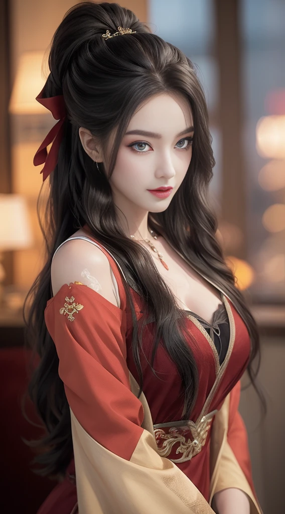 (A Chinese bride), (wearing a gorgeous Chinese red wedding dress), (conservative wedding dress: 1.4), ((half lying in bed)), (chinoiseriety elements: 1.4), (shy, tender, beautiful face, fair skin, bright eyes, elegant eyebrows, happiness and expectation, rosy lips, soft face), (red clothing: 1.4), (wearing delicate jewelry, rings, necklaces)), clothes embroidered with phoenix motifs, (embroidery), (conservative red robe), pure, romantic, (Full body shot: 1.5), (body curve), Pleated decoration, (cinematic quality), (Best quality: 1.2), (Realism: 1.4), (Indoor), Photo quality, ((octane rendering)), Close-up, Photographic lighting, (Red theme: 1.4),